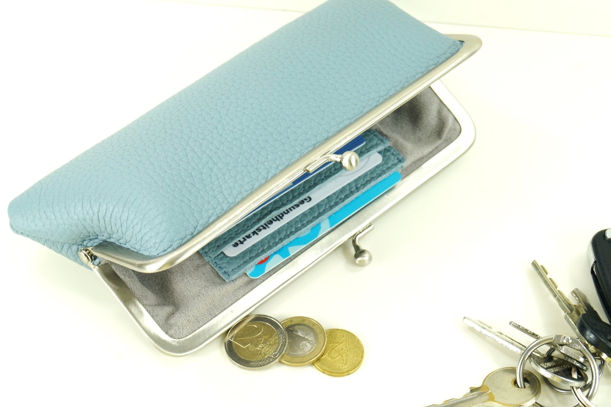 Handgemachte hellblaue Leder-Clipbörse "Emma" - Taschenkinder