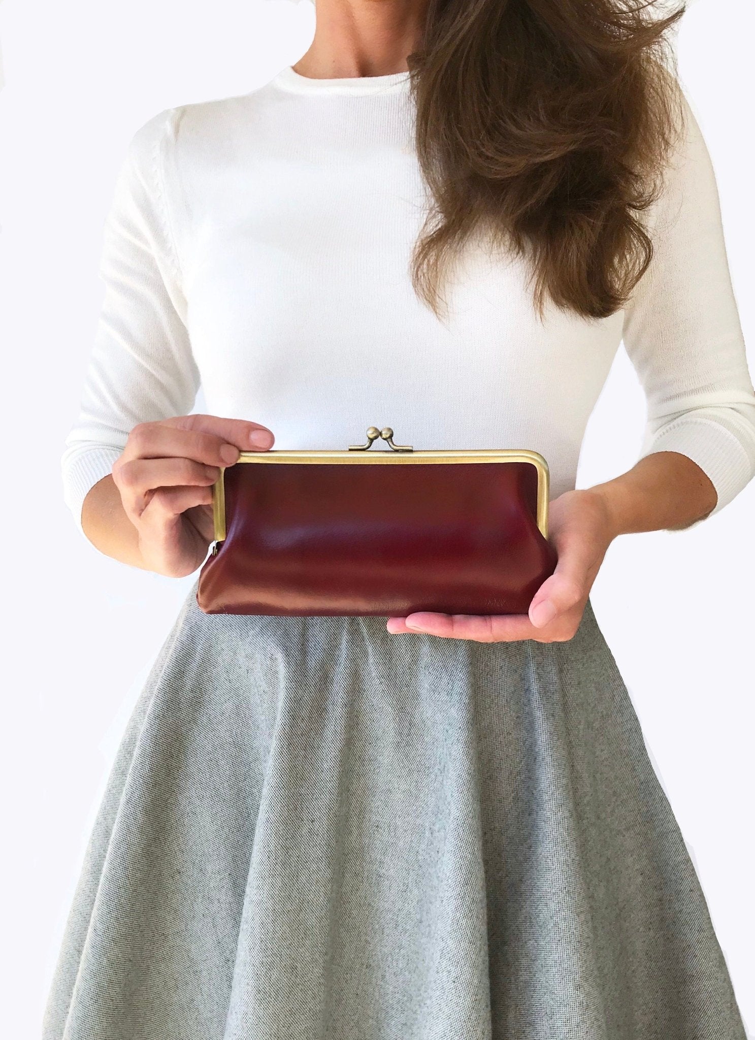 Clipbörse aus Echtleder Dunkelrot Vintage Stil Taschenkinder