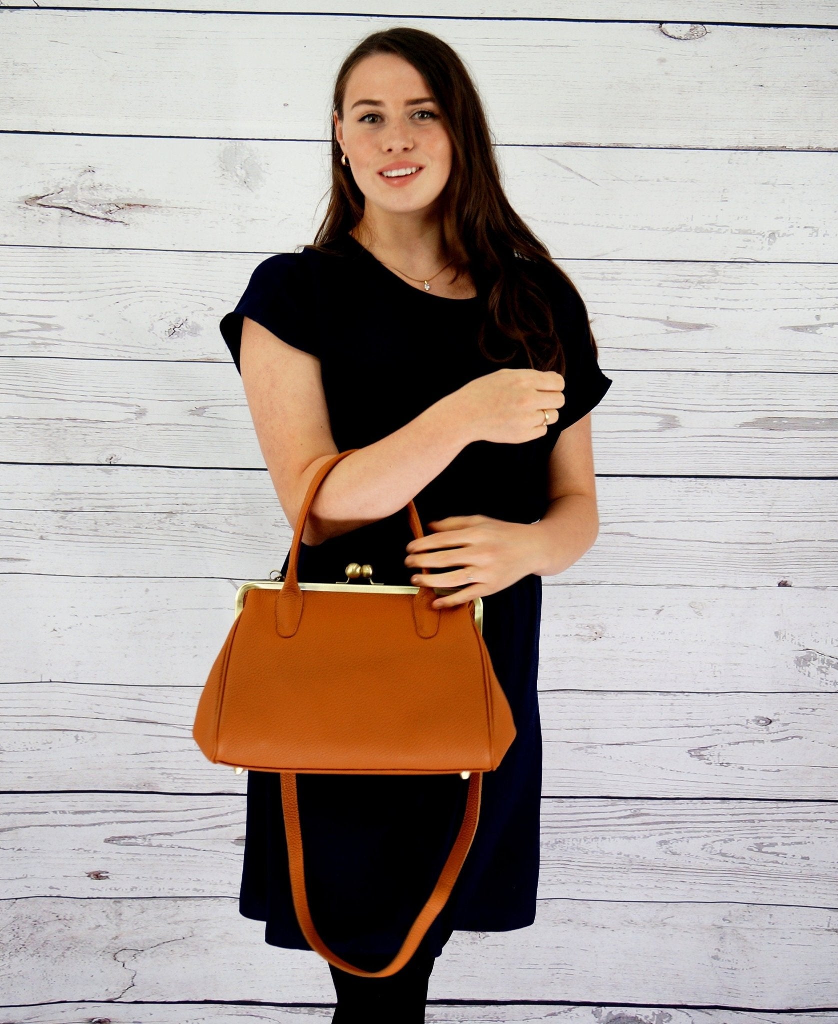 Retro Leder Handtasche "Marie" – Vintage Cognac - Taschenkinder