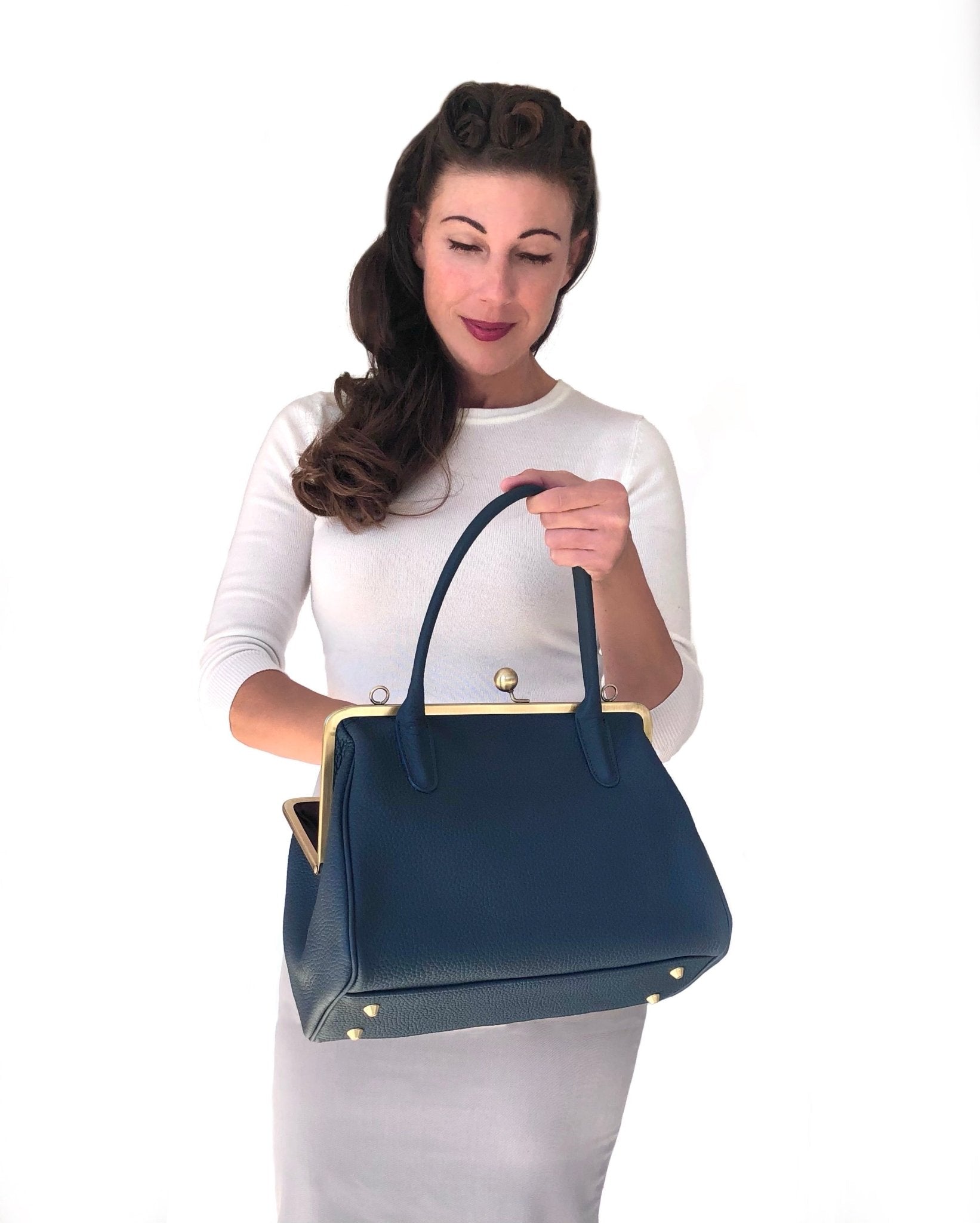 Damen Handtasche, Leder Handtasche "Marie" in dunkelblau, Bügeltasche, Leder Henkeltasche, Leder Schultertasche, Vintage Stil - Taschenkinder.de