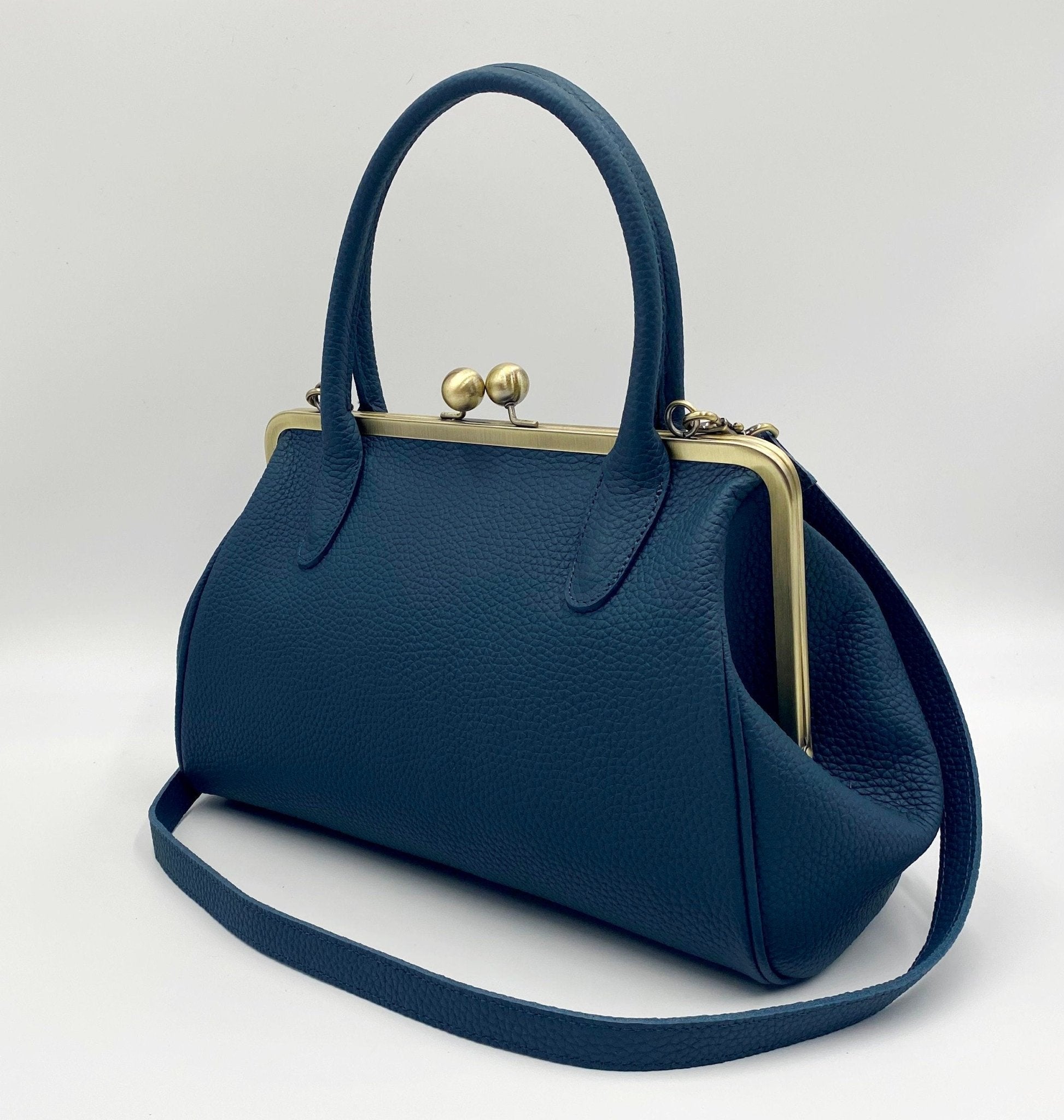 Damen Handtasche, Leder Handtasche "Marie" in dunkelblau, Bügeltasche, Leder Henkeltasche, Leder Schultertasche, Vintage Stil - Taschenkinder.de