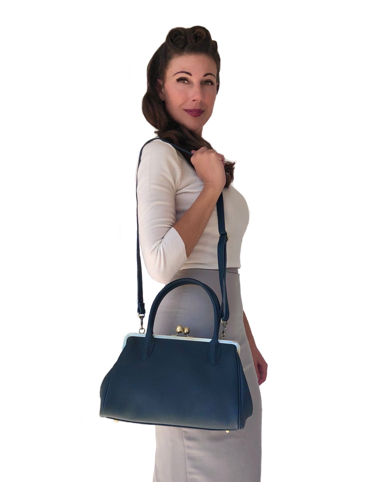Damen Handtasche, Leder Handtasche "Marie" in dunkelblau, Bügeltasche, Leder Henkeltasche, Leder Schultertasche, Vintage Stil - Taschenkinder.de