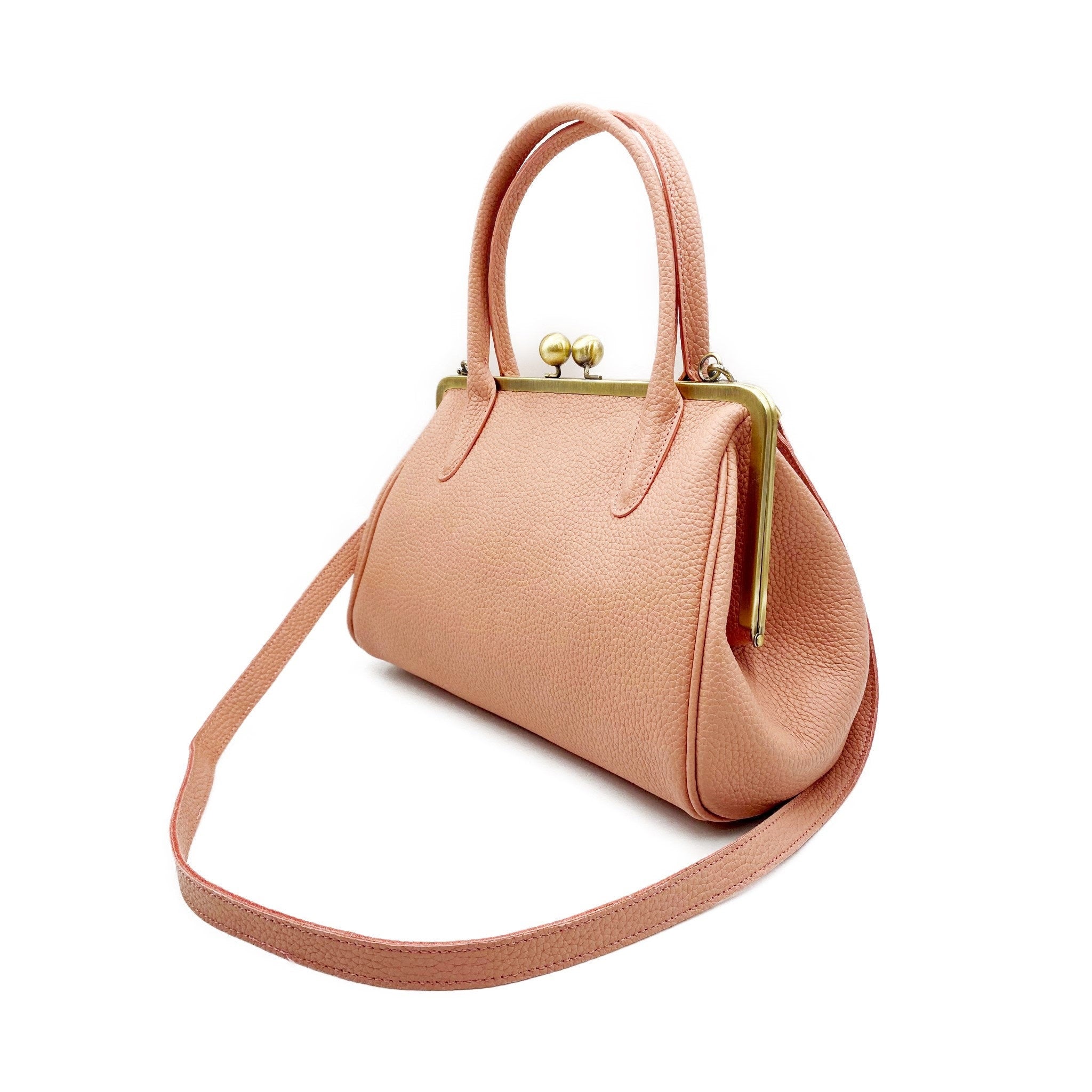 Pink Leather Handbag – Vintage Top Handle Bag & Crossbody – Retro Purse for Women – Kiss Lock Bag in Genuine Leather – Model “Marie”