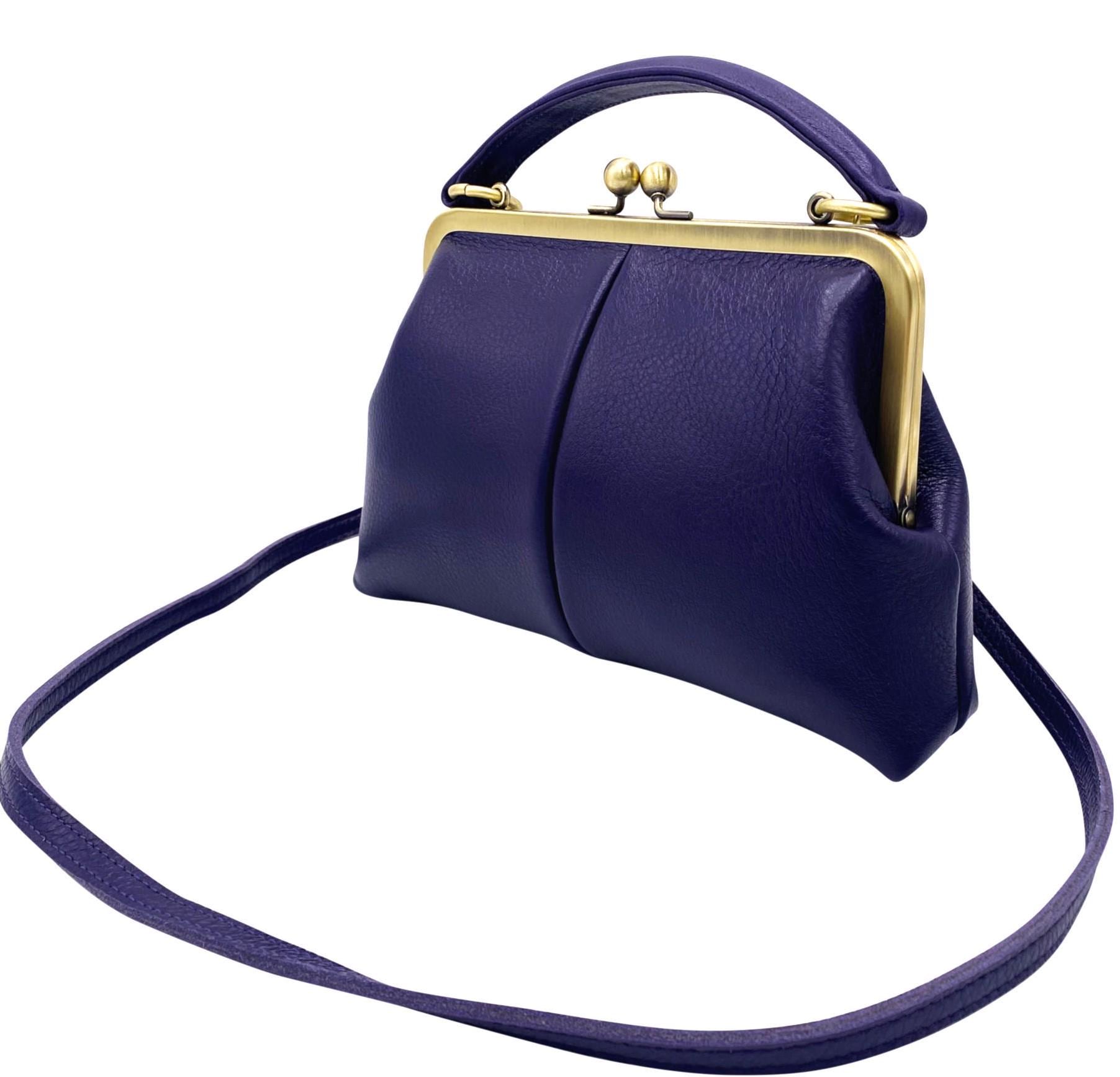 Leather Crossbody and Top Handle Bag in Retro Style "Little Olive" in Violet – Kiss Lock Purse