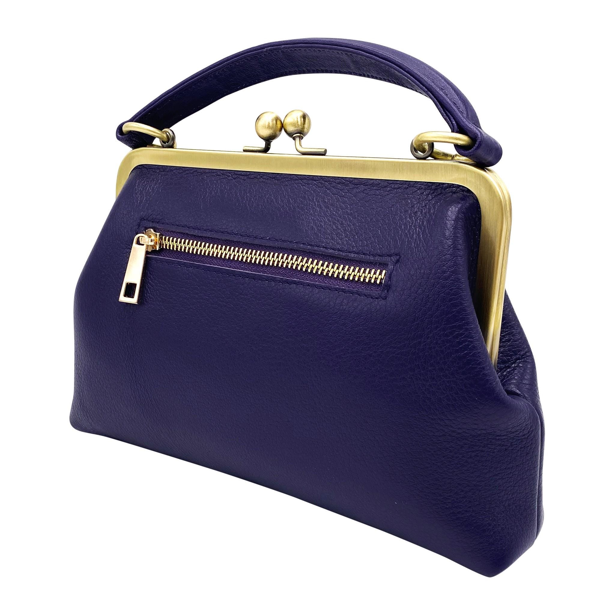 Leather Crossbody and Top Handle Bag in Retro Style "Little Olive" in Violet – Kiss Lock Purse
