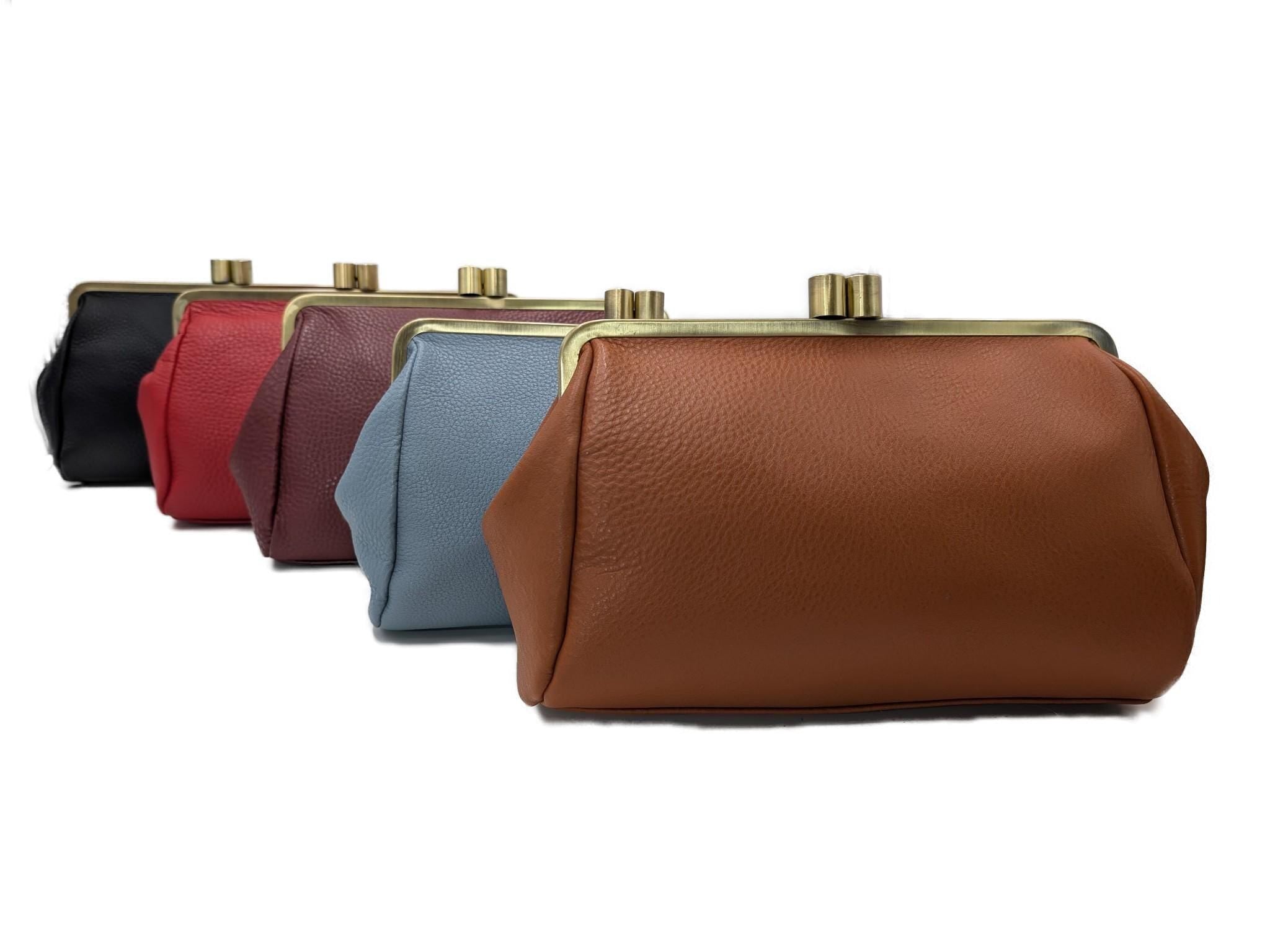Large Clutch Leather Crossbody Purse in darkred - Handmade Kiss Lock Bag "Dakota"