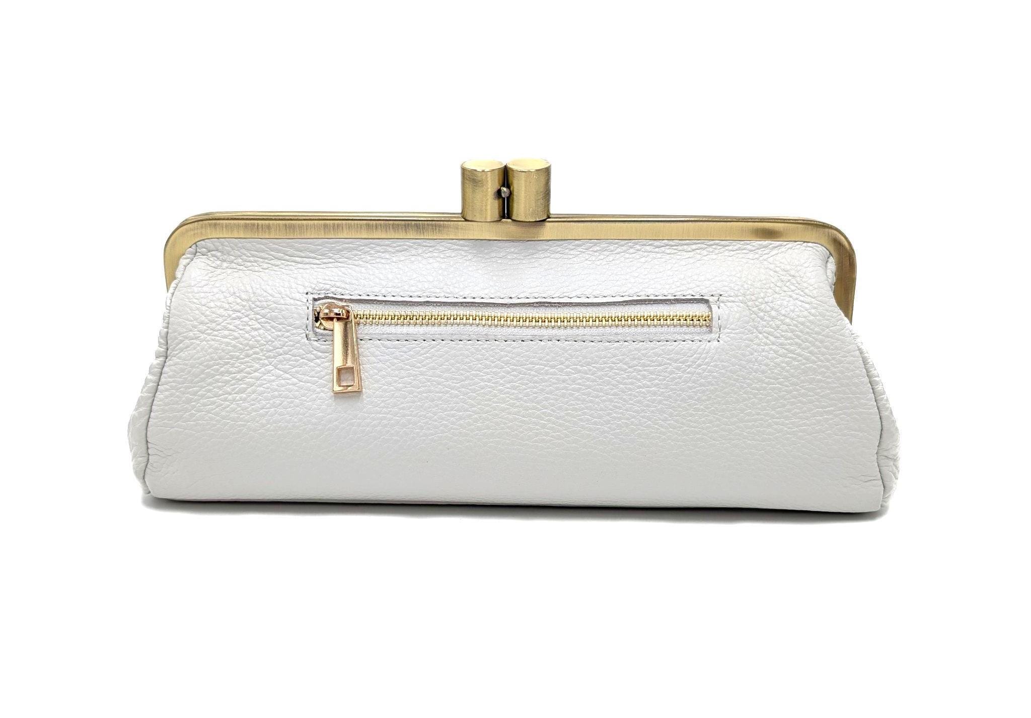 Leather Clutch “Victoria” in White – Vintage Bridal Purse for Wedding & Special Events