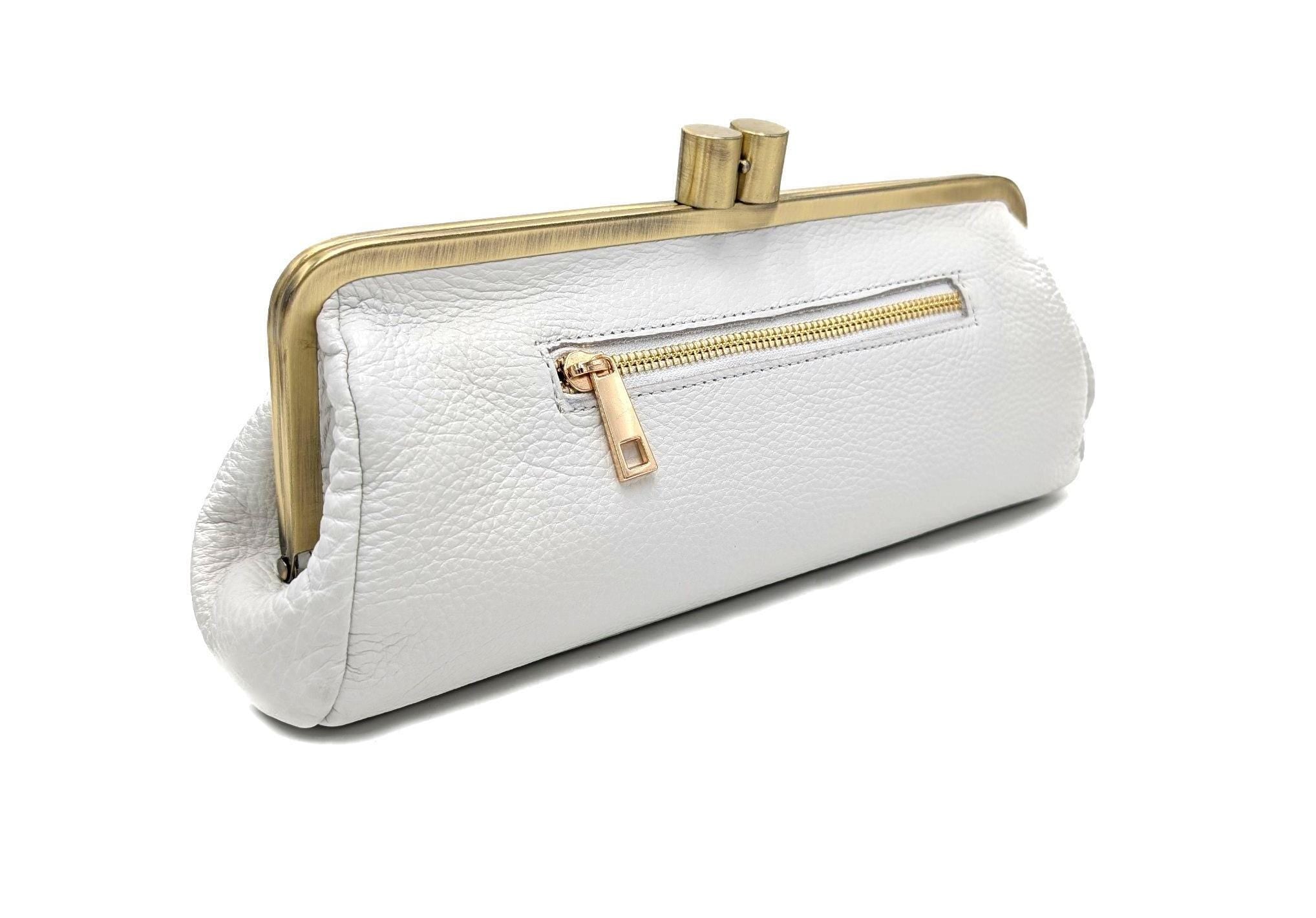 Leather Clutch “Victoria” in White – Vintage Bridal Purse for Wedding & Special Events