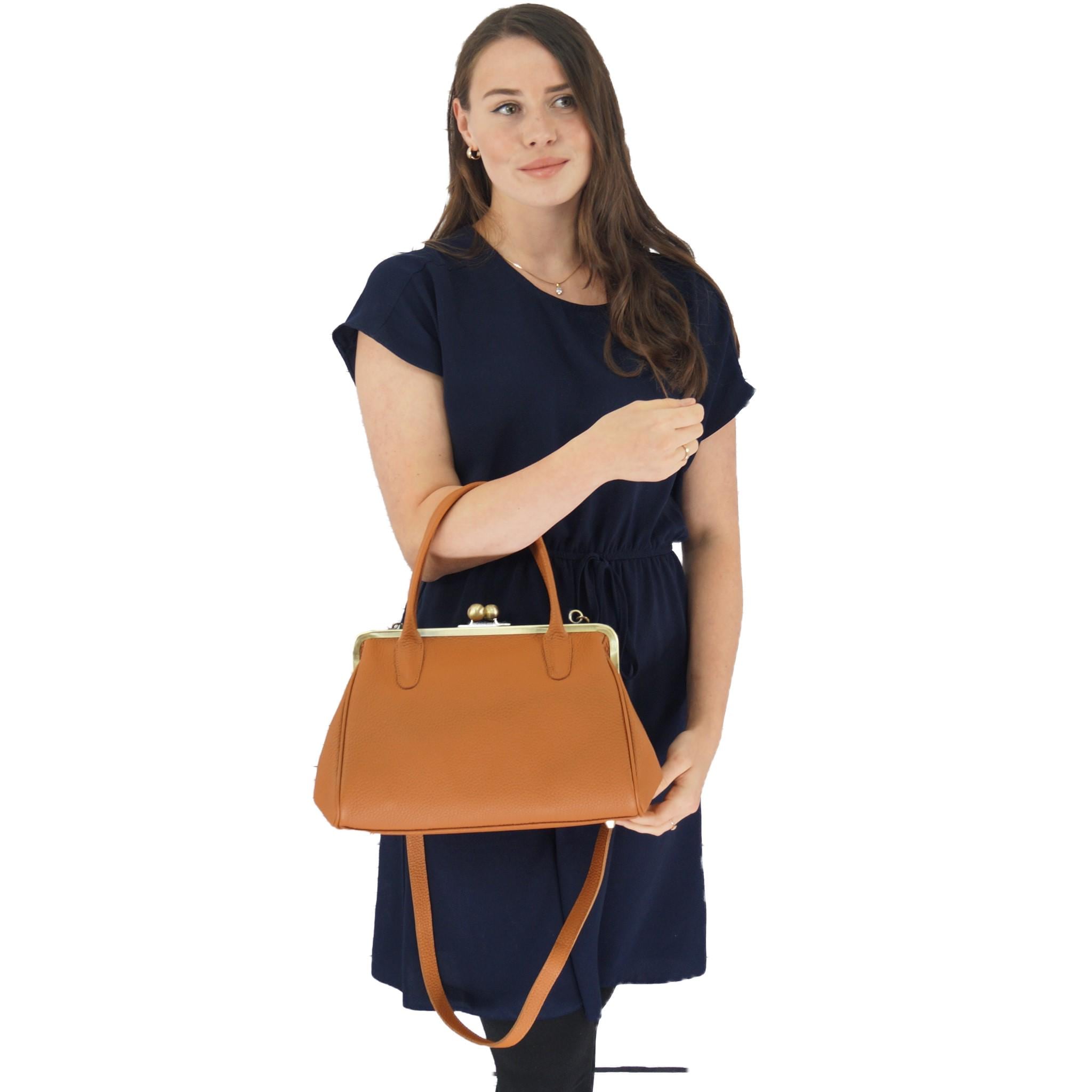 Pink Leather Handbag – Vintage Top Handle Bag & Crossbody – Retro Purse for Women – Kiss Lock Bag in Genuine Leather – Model “Marie”