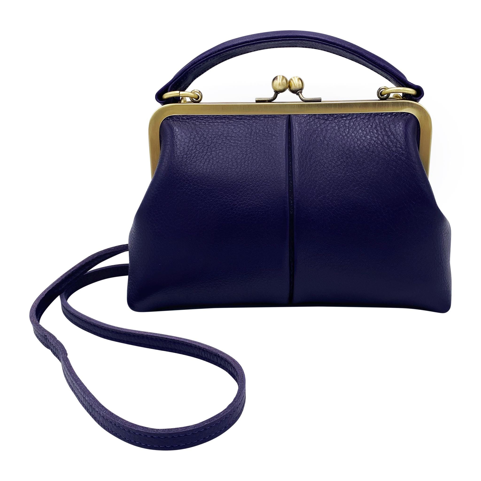 Leather Crossbody and Top Handle Bag in Retro Style "Little Olive" in Violet – Kiss Lock Purse