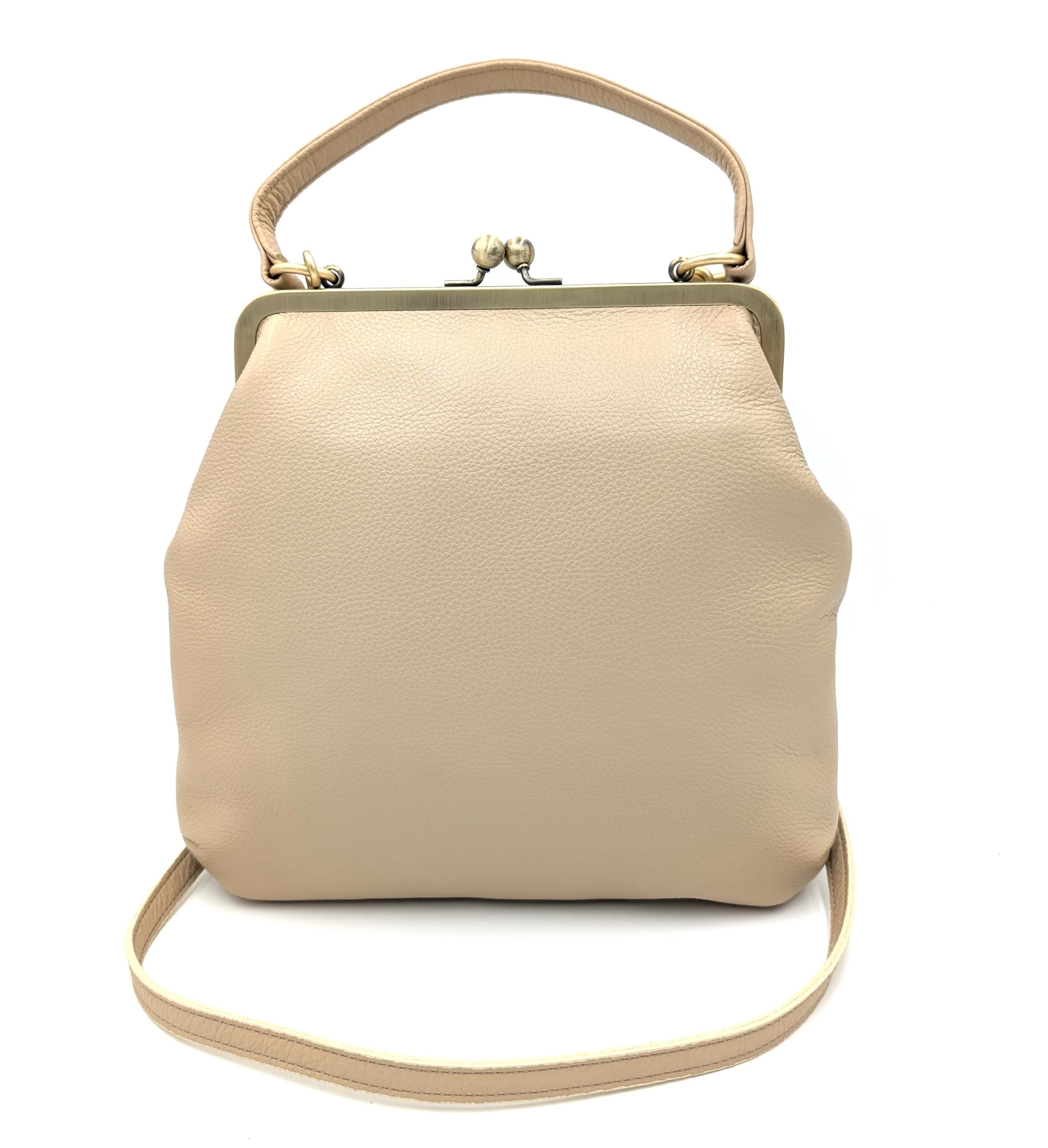 Women’s Shoulder Bag Beige Leather Handbag – Zoe Kiss Lock Purse with Snap Closure, Elegant, Versatile, Premium