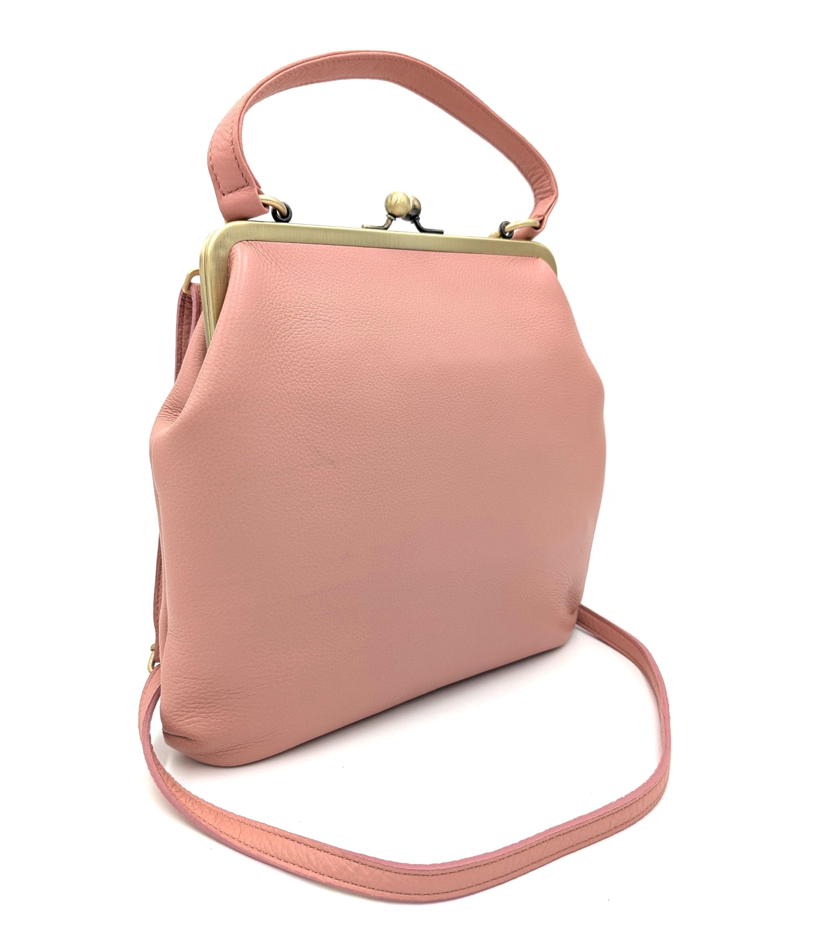 Retro Handbag for Women Pink Leather Crossbody Bag – Zoe Shoulder and Top Handle Bag with Kiss Lock