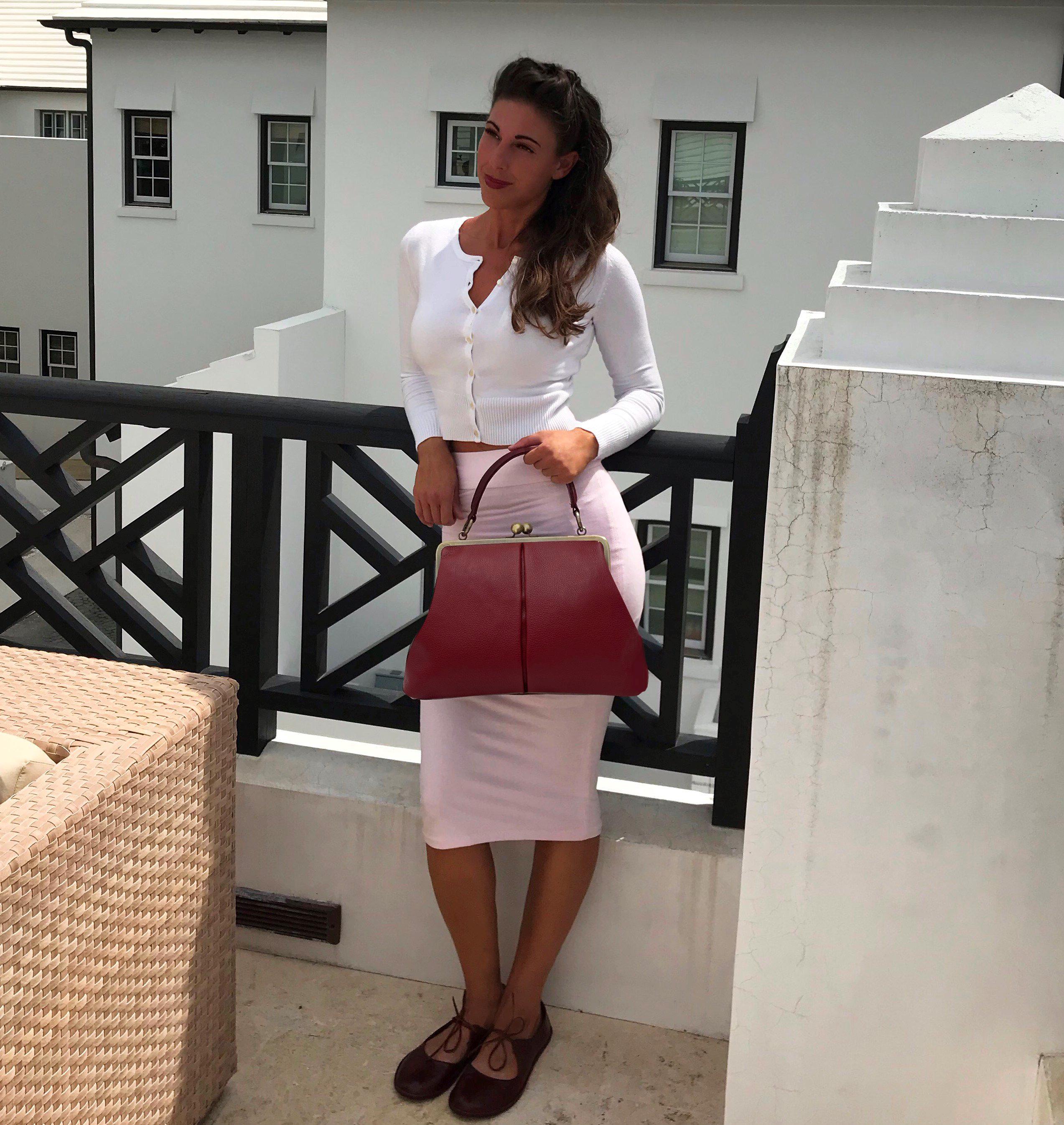 Vintage Leather Bag Women Ivory – "Large Olive" Handbag, Crossbody Bag, Top Handle Bag, Shoulder Bag, Frame Bag