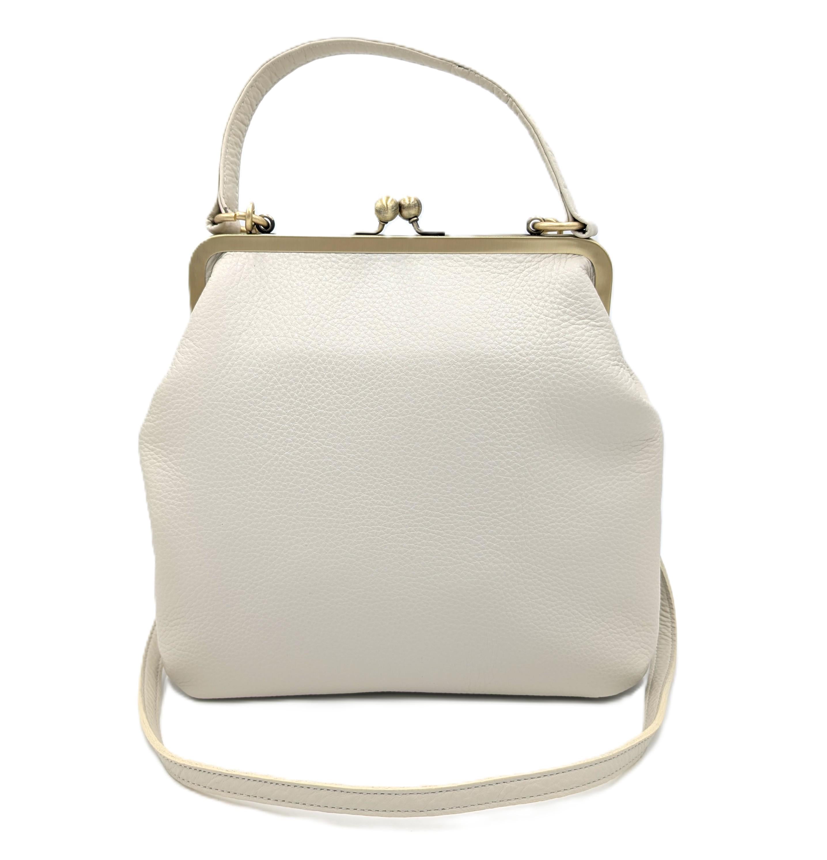 Ivory White Leather Handbag Zoe – Women’s Crossbody Bag with Handle and Kiss Lock