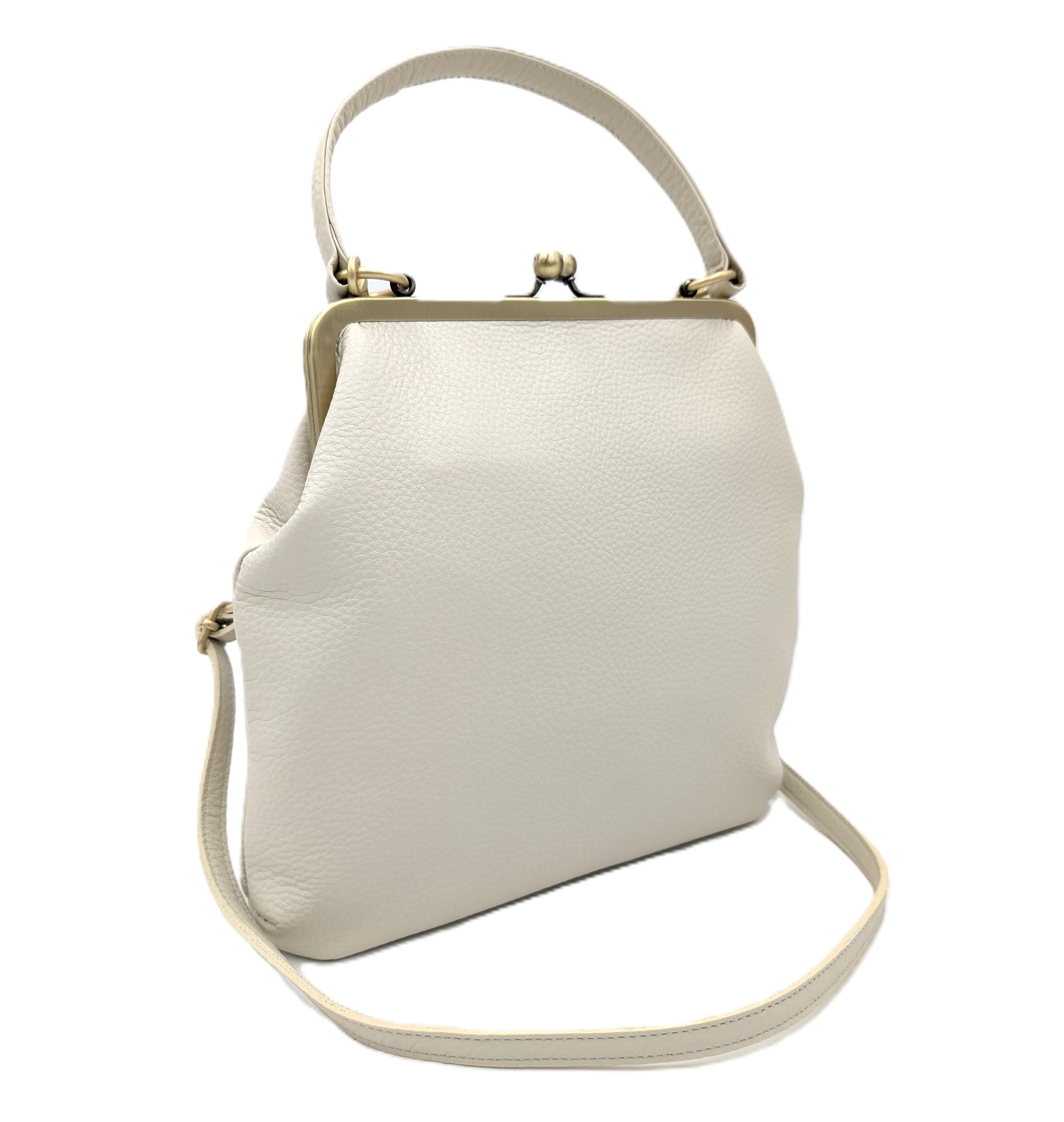 Ivory White Leather Handbag Zoe – Women’s Crossbody Bag with Handle and Kiss Lock