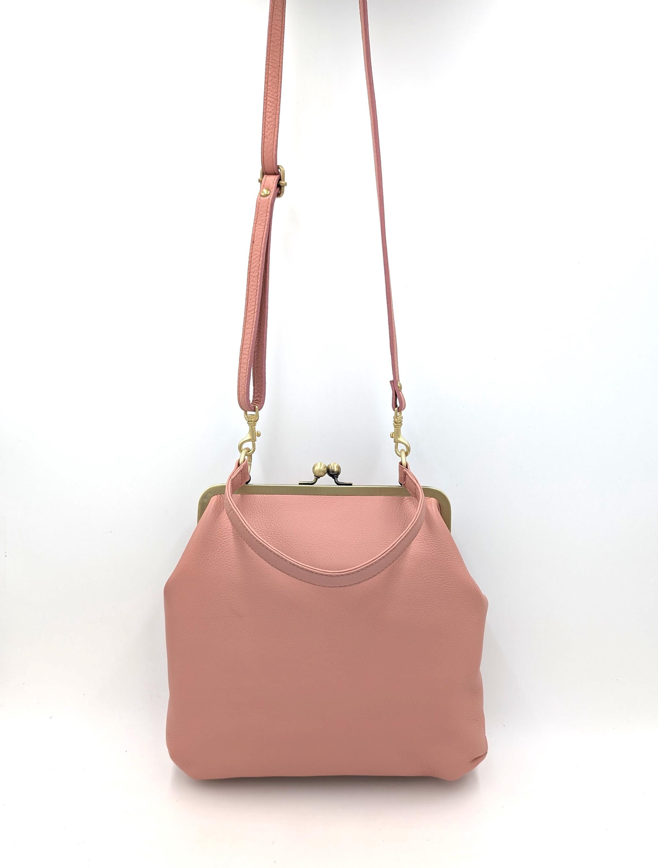 Retro Handbag for Women Pink Leather Crossbody Bag – Zoe Shoulder and Top Handle Bag with Kiss Lock
