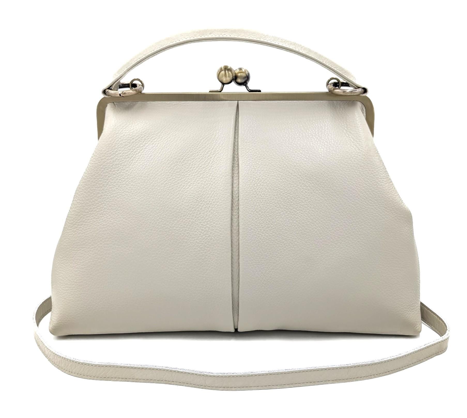 Vintage Leather Bag Women Ivory – "Large Olive" Handbag, Crossbody Bag, Top Handle Bag, Shoulder Bag, Frame Bag