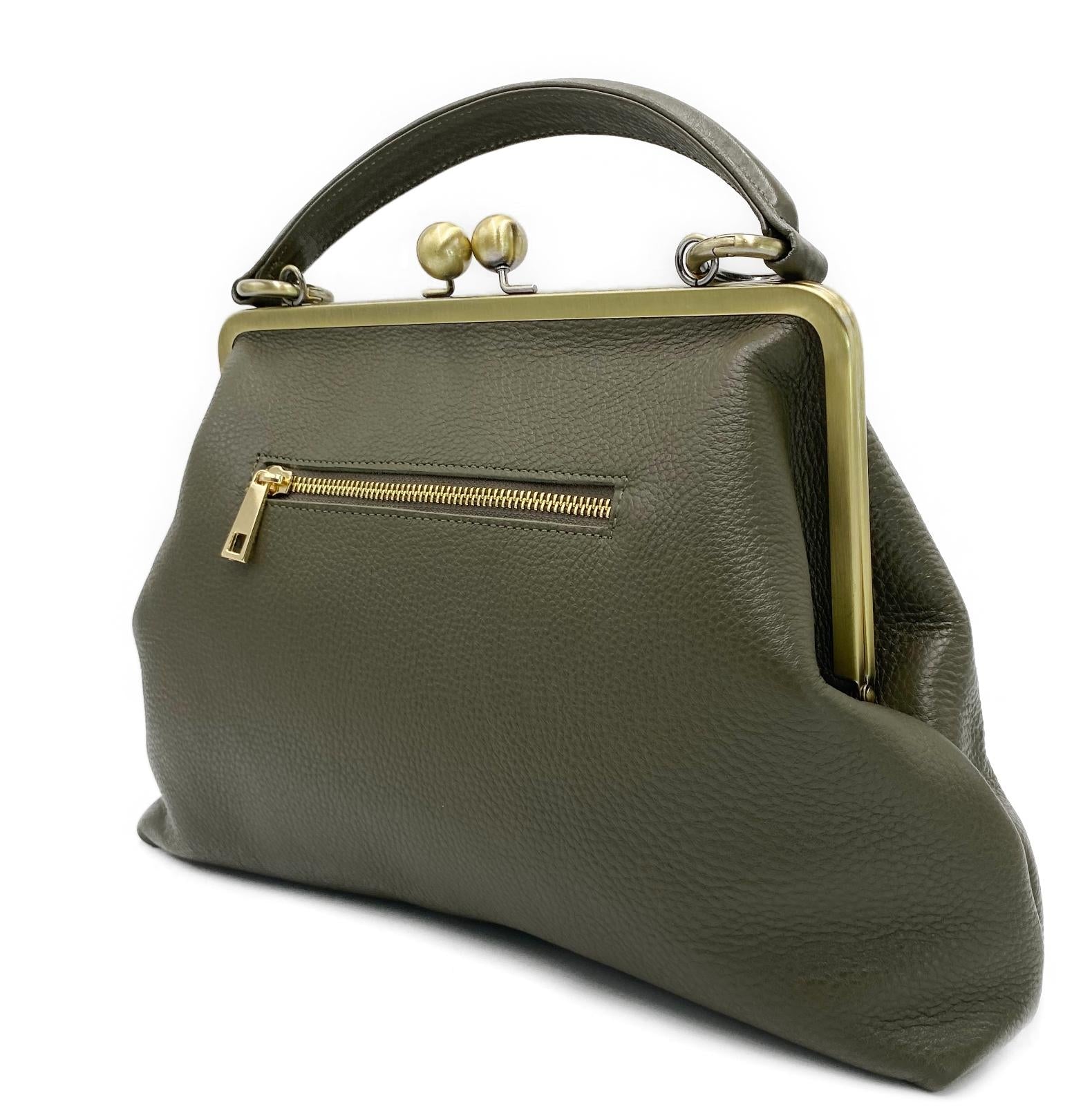 Vintage Leather Bag Women Ivory – "Large Olive" Handbag, Crossbody Bag, Top Handle Bag, Shoulder Bag, Frame Bag