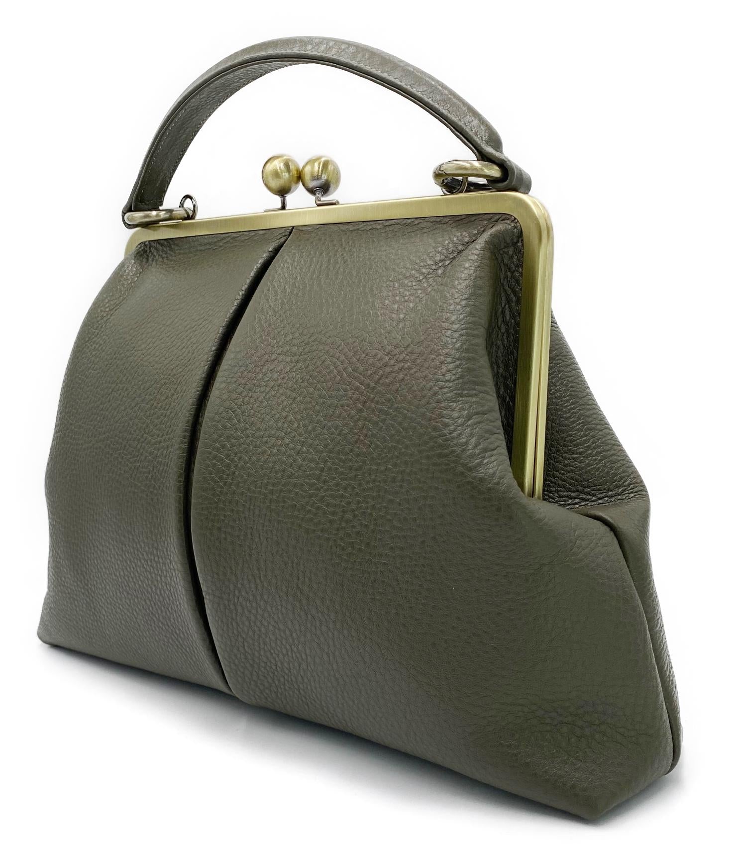 Retro Top Handle & Shoulder Bag in Leather – “Large Olive” Vintage Handbag, Elegant and Versatile Purse