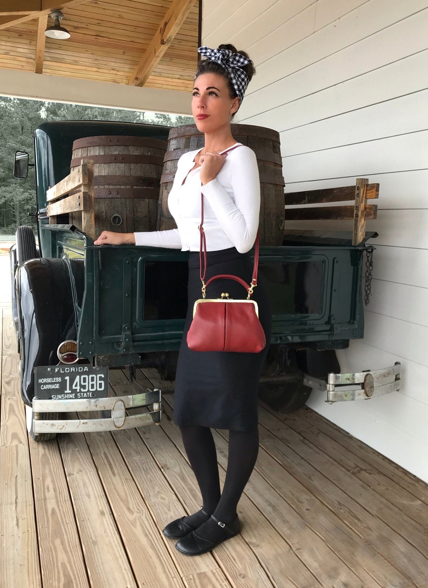 Vintage Leder Handtasche - Kleine Olive Dunkelrot - Taschenkinder