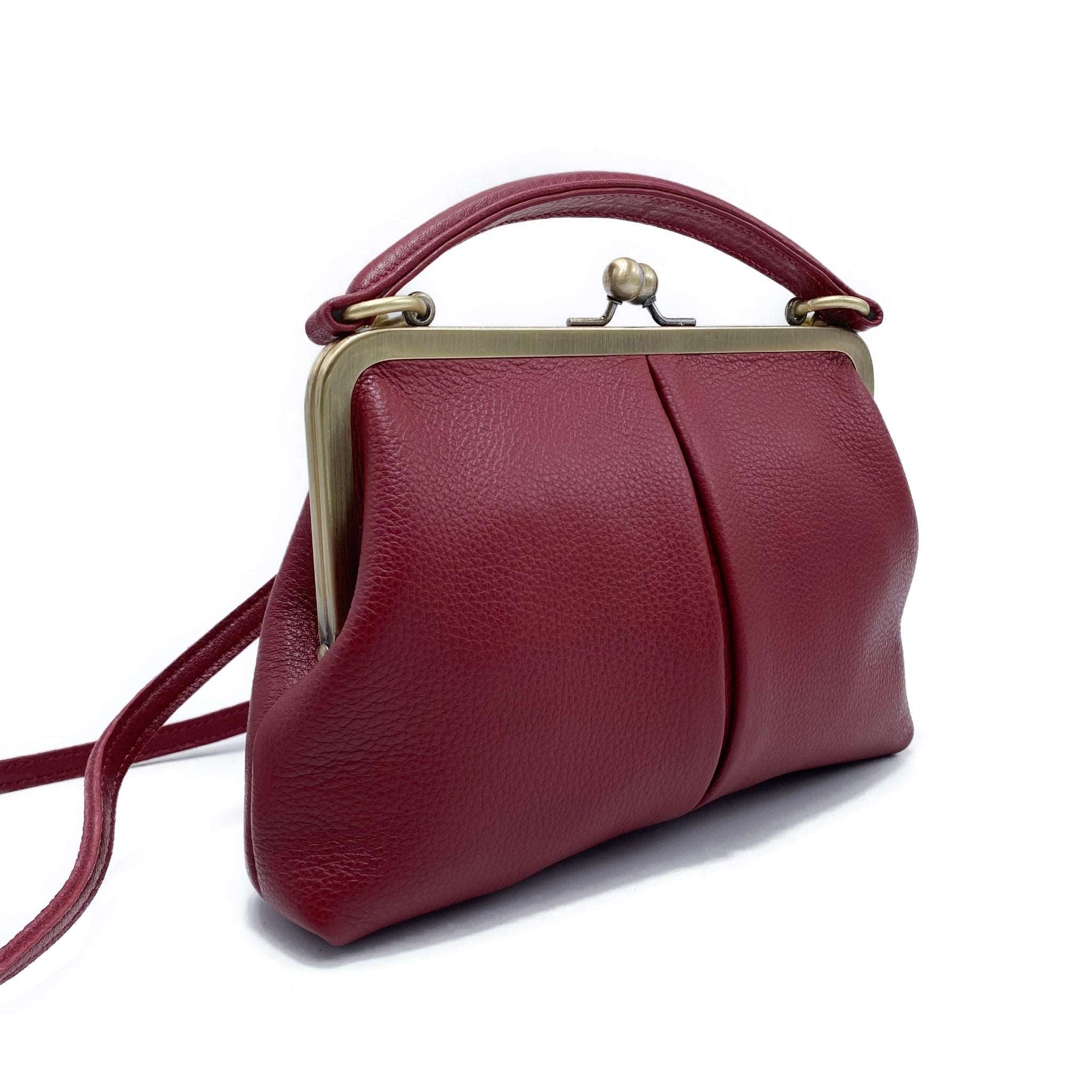 Vintage Leder Handtasche - Kleine Olive Dunkelrot - Taschenkinder