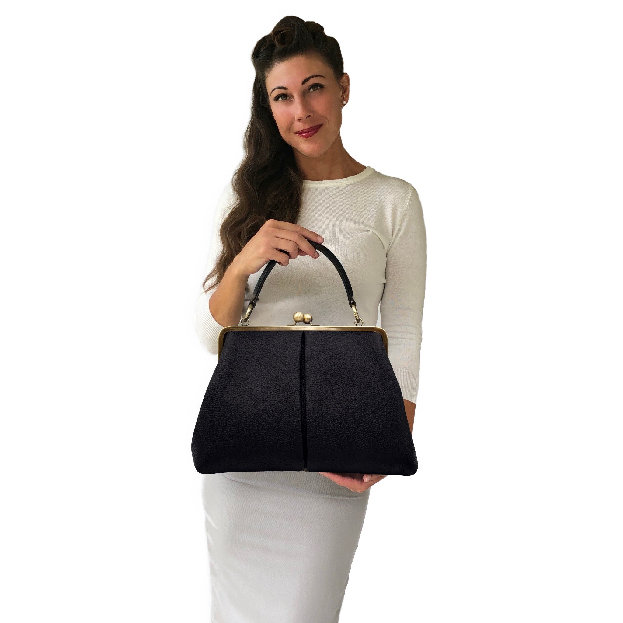 Leder Handtasche Olivia in Schwarz – Retro Henkeltasche – Taschenkinder