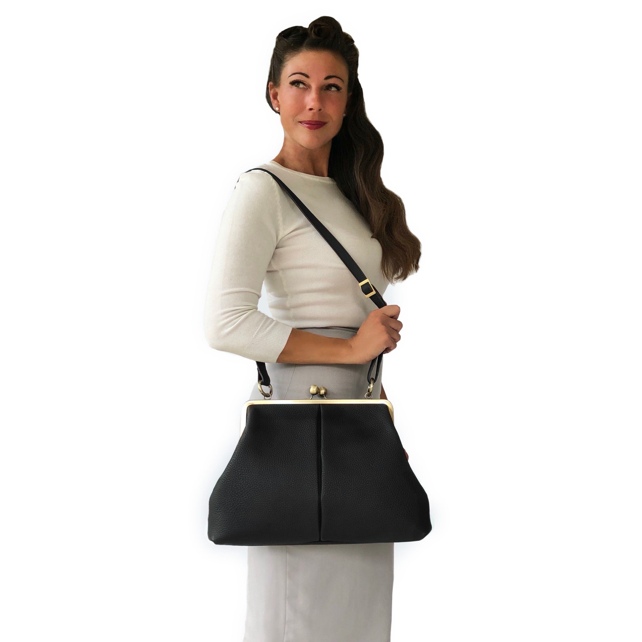 Leder Handtasche Olivia in Schwarz – Retro Henkeltasche – Taschenkinder