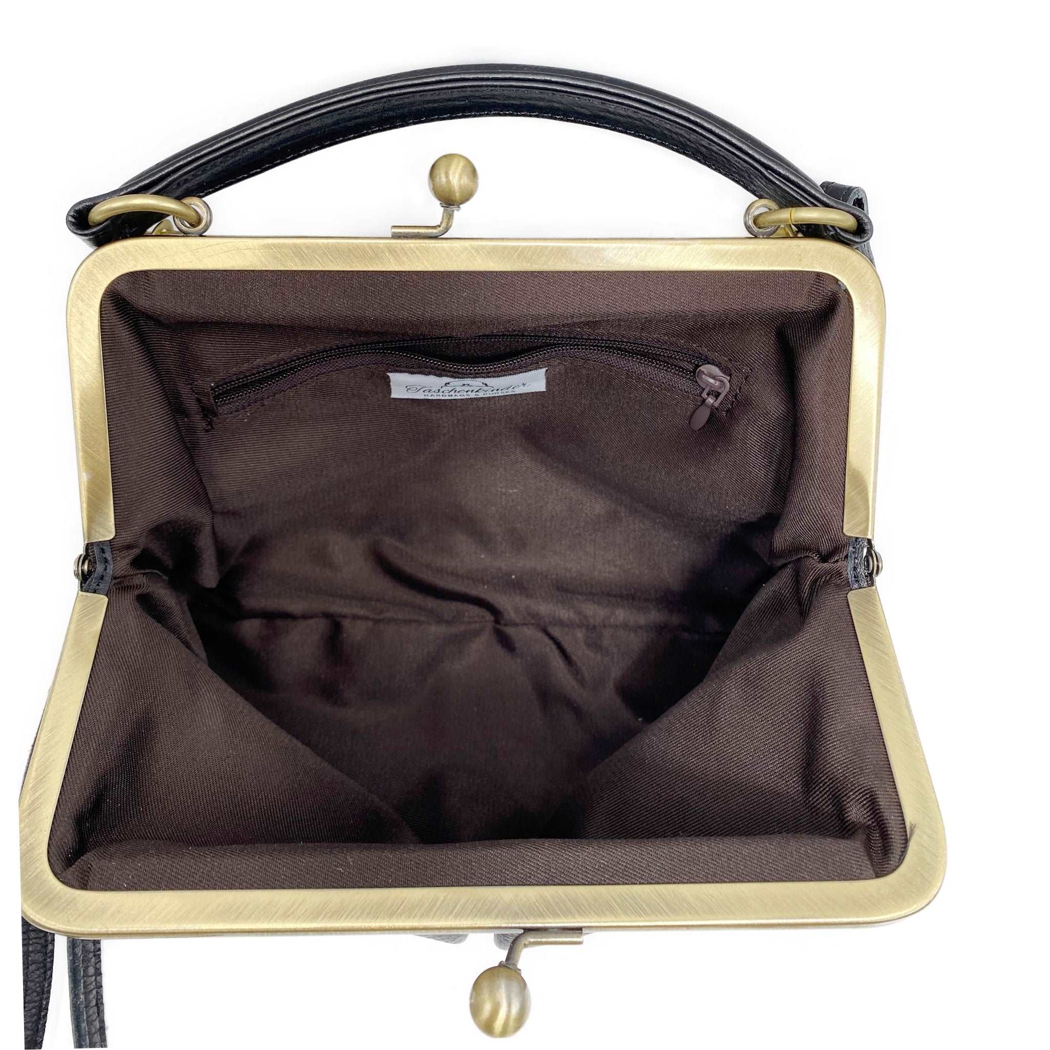 Retro Leder Handtasche und Umhängetasche - Kleine Olive in Schwarz - Henkeltasche und Schultertasche - Bügeltasche mit Clipverschluss - Taschenkinder.de