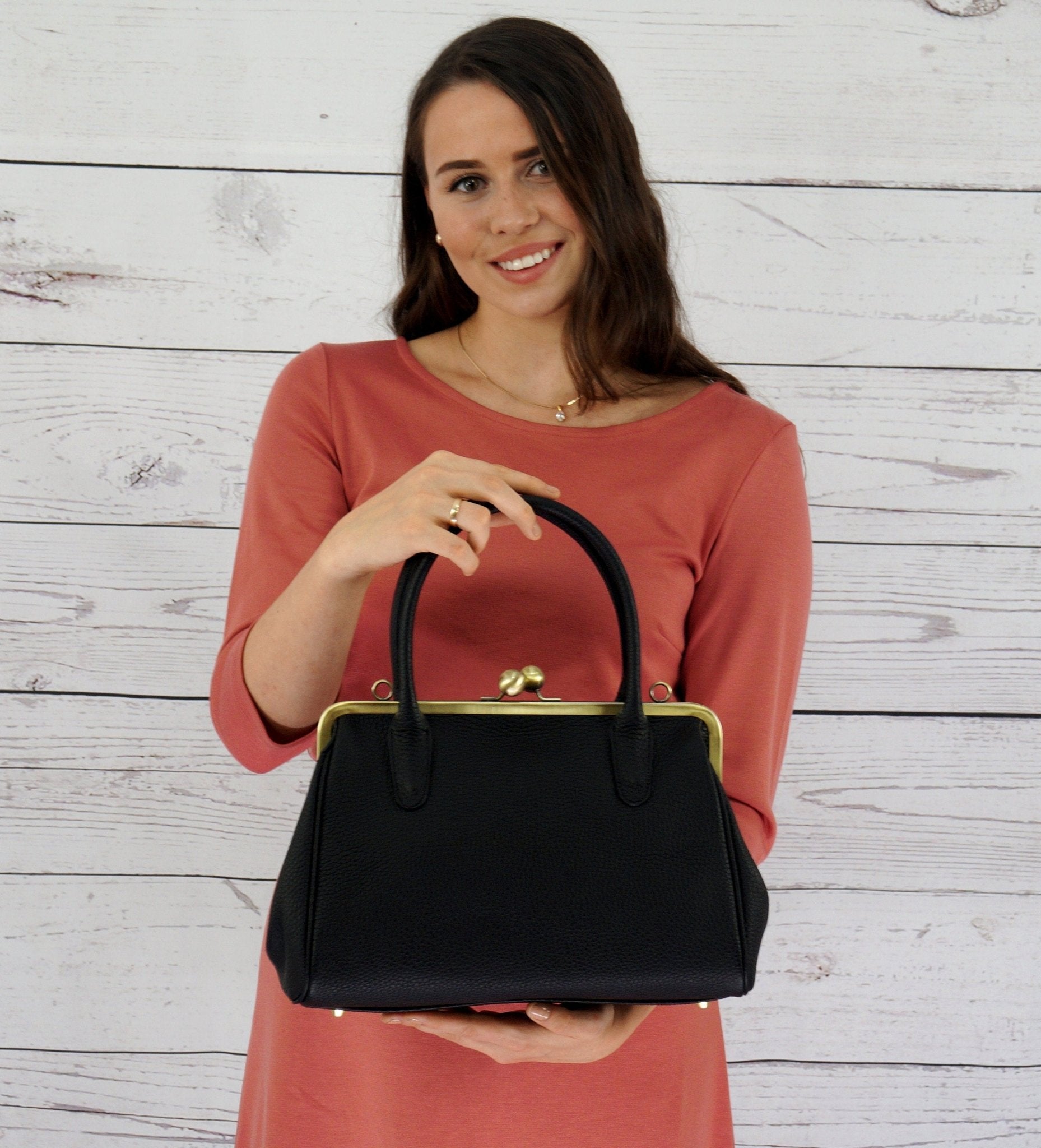 Damen Handtasche, Leder Handtasche "Marie" in schwarz, Bügeltasche, Leder Henkeltasche, Leder Schultertasche, Vintage Stil - Taschenkinder