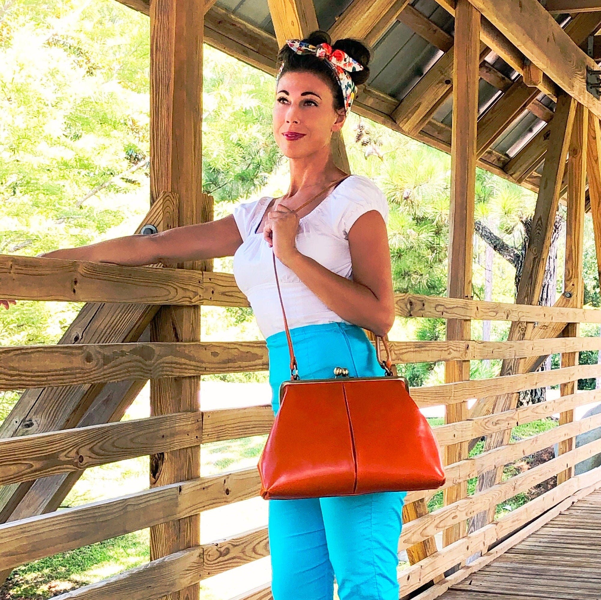 Retro handbag for women, ironing bag "Olive" in orange-brown, leather bag, leather handle bag, leather shoulder bag, leather shoulder bag, vintage style