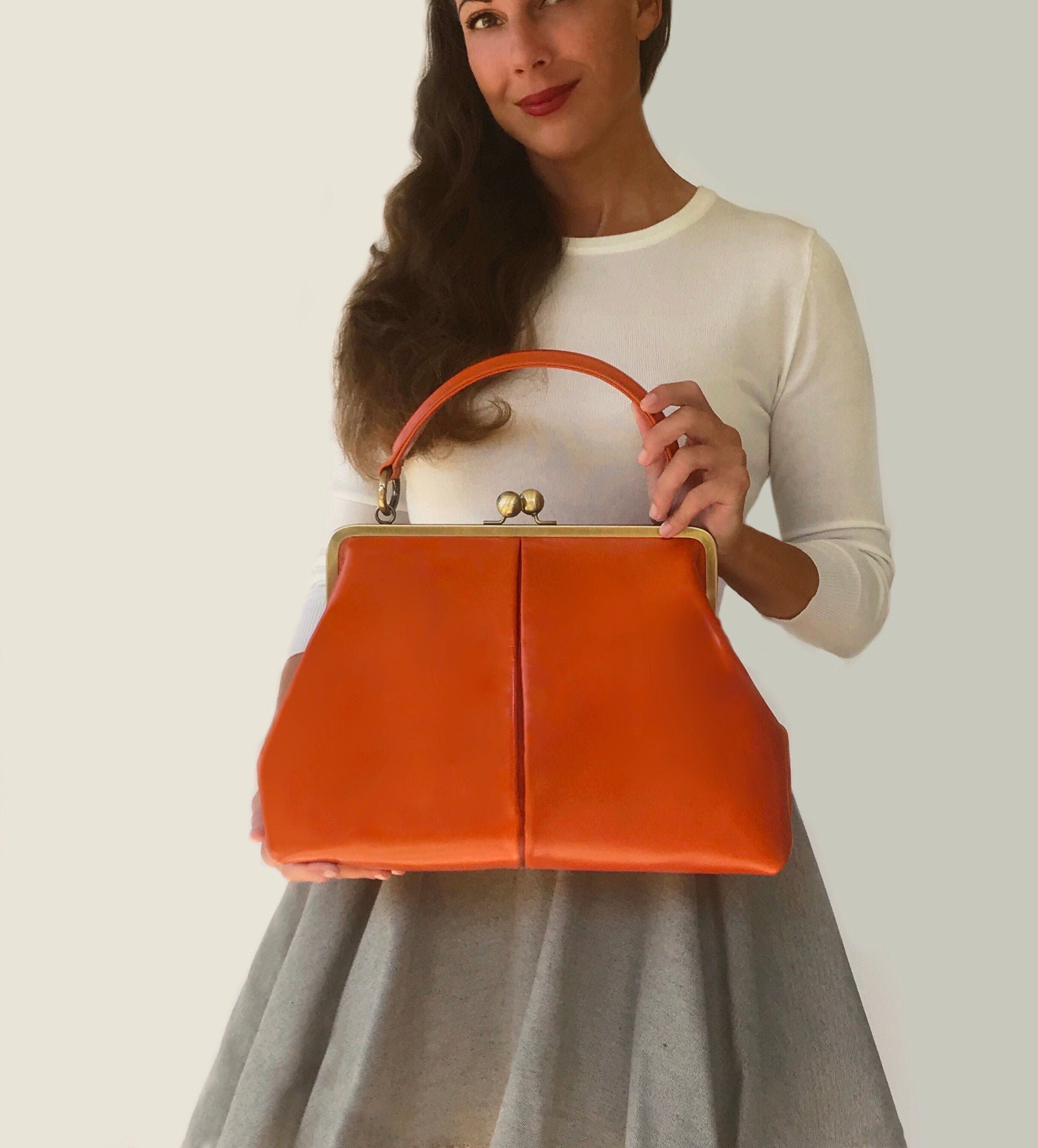 Retro handbag for women, ironing bag "Olive" in orange-brown, leather bag, leather handle bag, leather shoulder bag, leather shoulder bag, vintage style