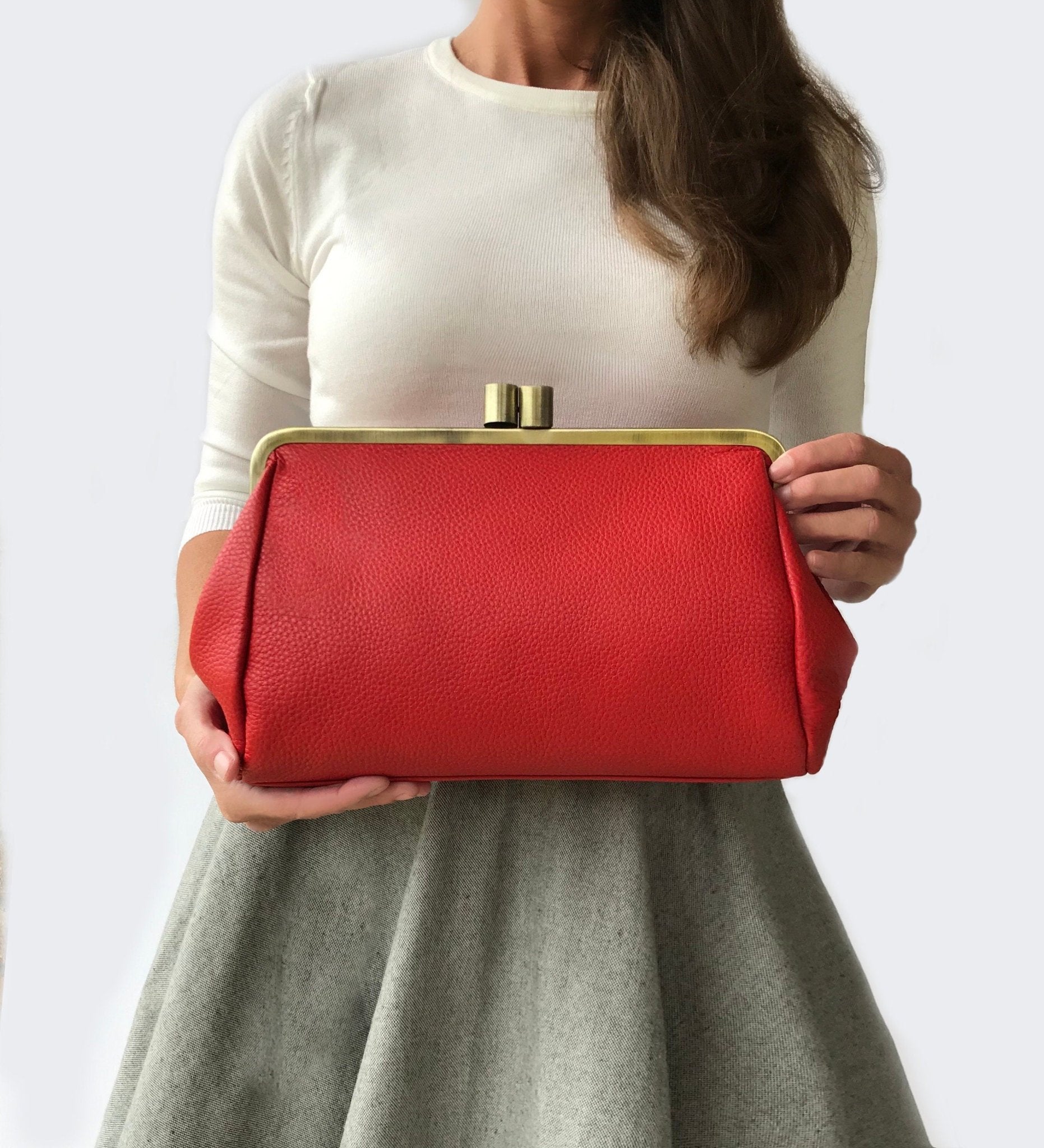 Vintage Leder Handtasche, Vintage Clutch "Dakota" in rot, Ledertasche, Leder Schultertasche, Leder Tasche mit Klippverschluss - Taschenkinder
