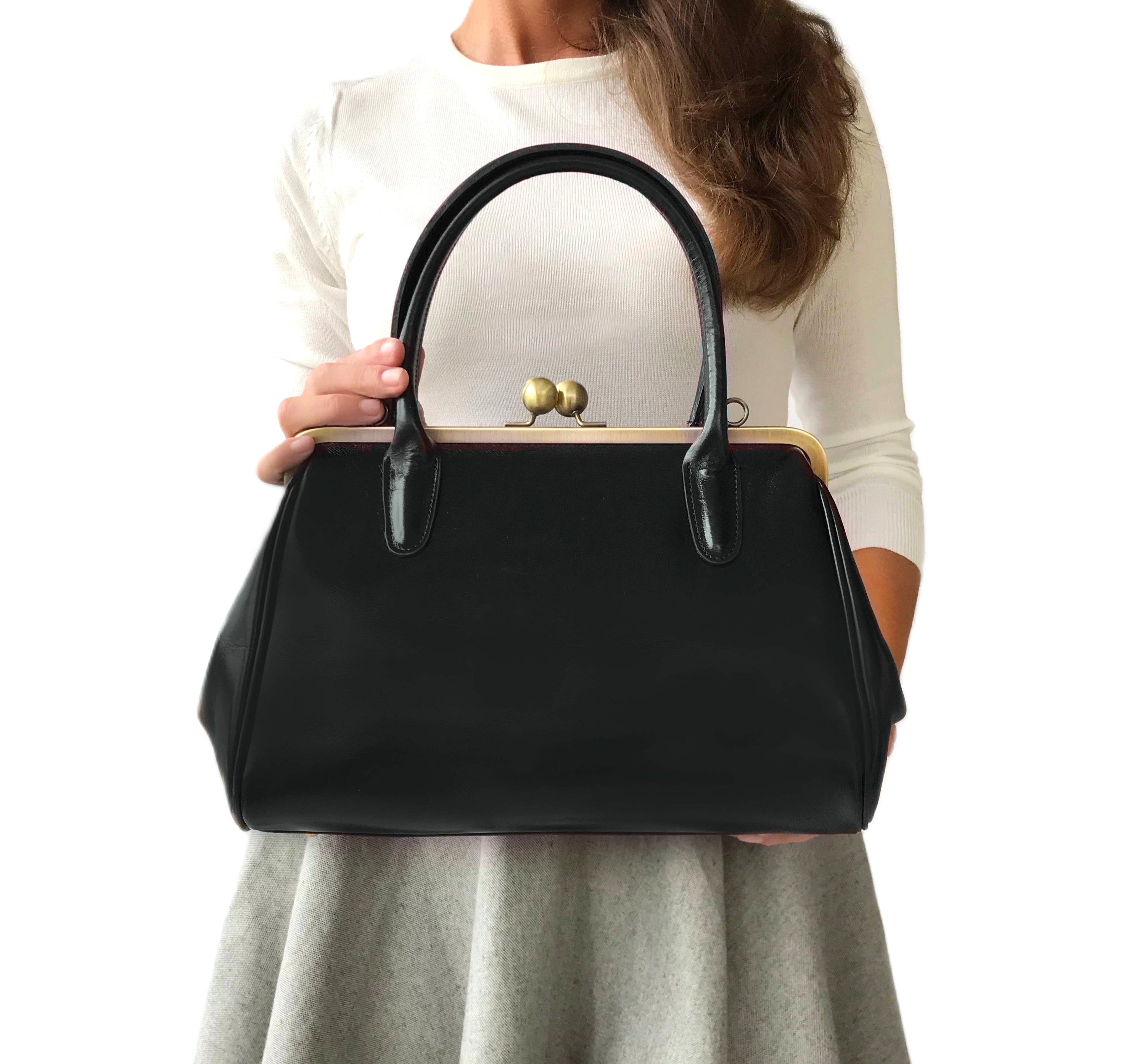 Retro Ledertasche Damen, Retro Bügeltasche "Sophie" in schwarz, Vintage Ledertasche, Henkeltasche, Schultertasche