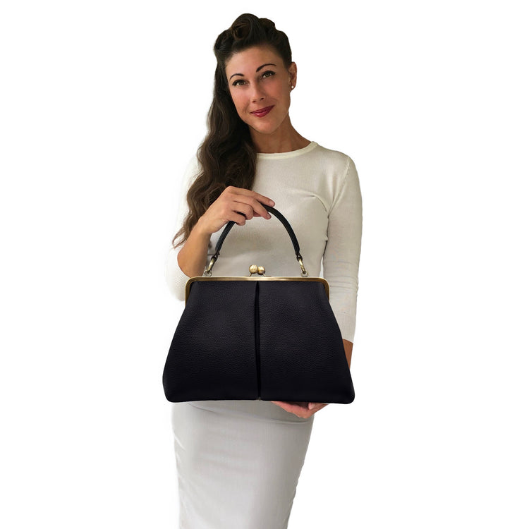 Retro Bügeltasche, Leder Handtasche "Olivia" in schwarz, Ledertasche, Henkeltasche, Schultertasche, Umhängetasche, im Vintage Stil