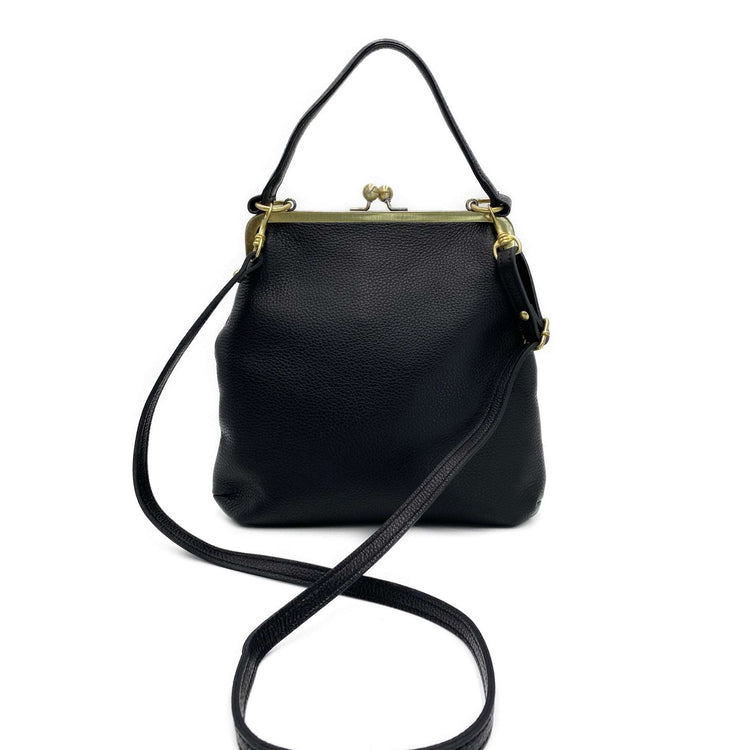 Schwarze Lederhandtasche - Zoe, Retro Damen Schultertasche und Umhängetasche
