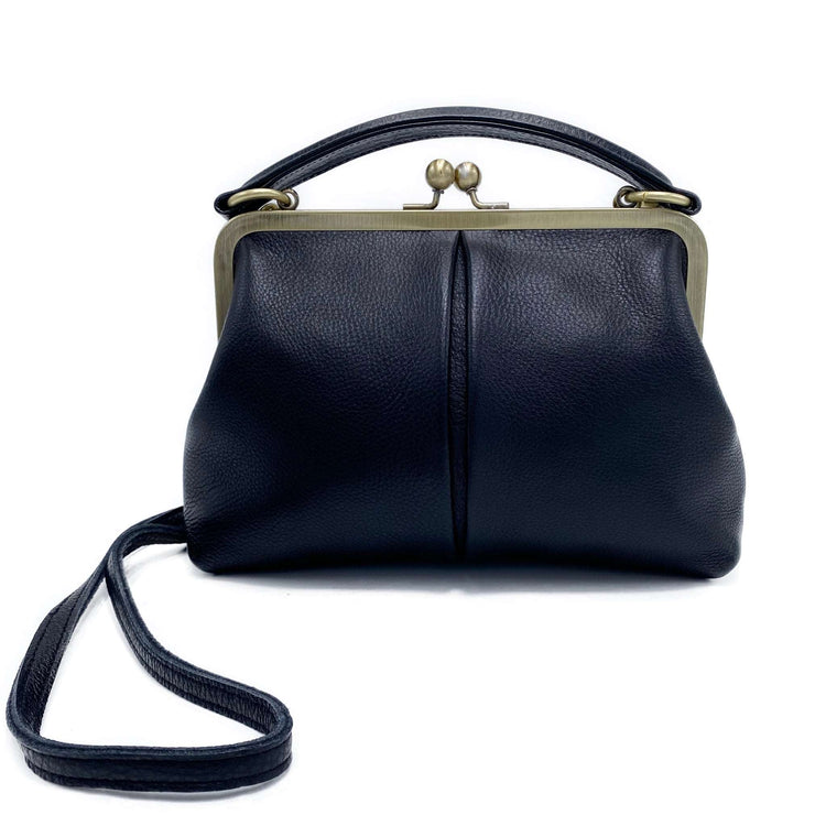 Retro Leder Handtasche und Umhängetasche - Kleine Olive in Schwarz - Henkeltasche und Schultertasche - Bügeltasche mit Clipverschluss