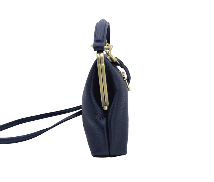 Leder Handtasche im Vintage Stil - Kleine Olive in Dunkelblau, Henkeltasche, Umhängetasche, Bügeltasche