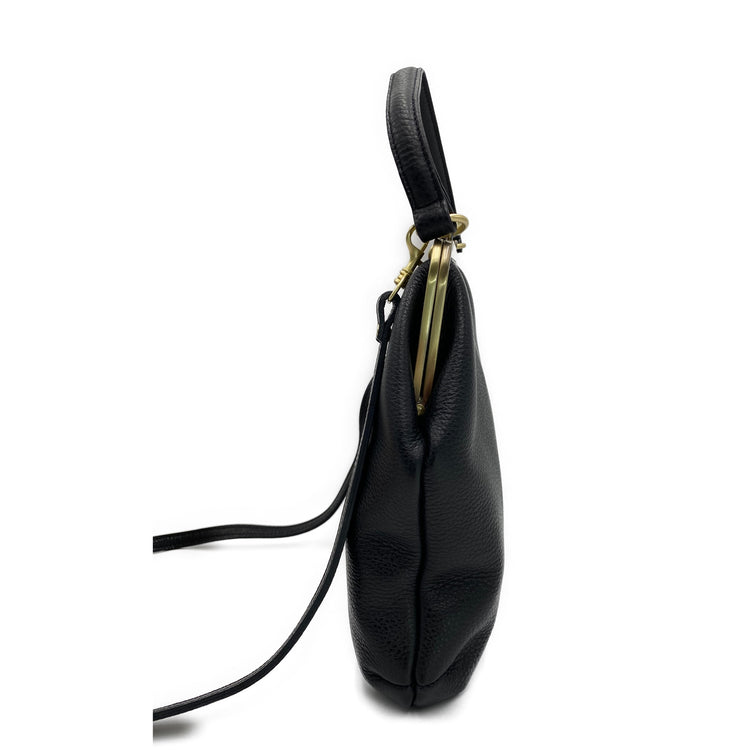Schwarze Lederhandtasche - Zoe, Retro Damen Schultertasche und Umhängetasche