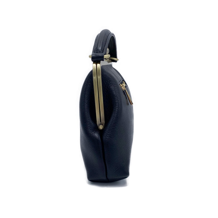 Retro Leder Handtasche und Umhängetasche - Kleine Olive in Schwarz - Henkeltasche und Schultertasche - Bügeltasche mit Clipverschluss