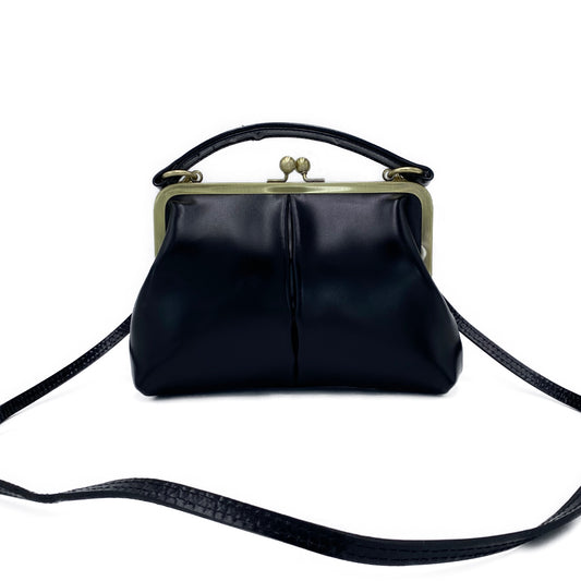 Leder Handtasche und Umhängetasche - Kleine Vintage Olive in Schwarz - Henkeltasche und Schultertasche - Bügeltasche mit Clipverschluss