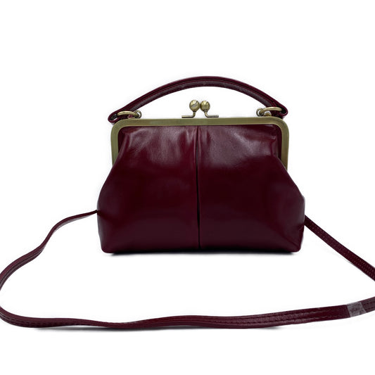 Vintage Damentasche aus Leder - Bügeltasche - Vintage Kleine Olive in Bordeauxrot - Umhängetasche und Handgelenkstasche