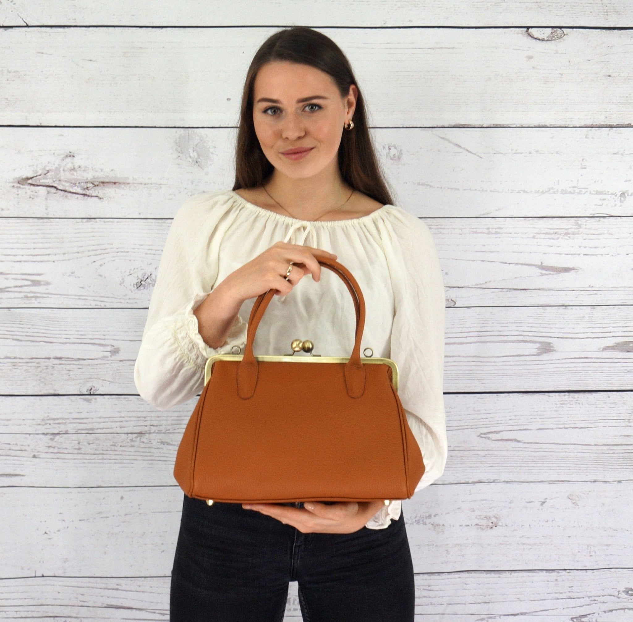 Retro Leder Handtasche "Marie" – Vintage Cognac - Taschenkinder