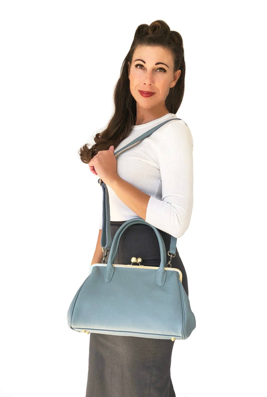 Damen Handtasche, Leder Handtasche "Marie" in hellblau, Bügeltasche, Leder Henkeltasche, Leder Schultertasche, Vintage Stil - Taschenkinder.de