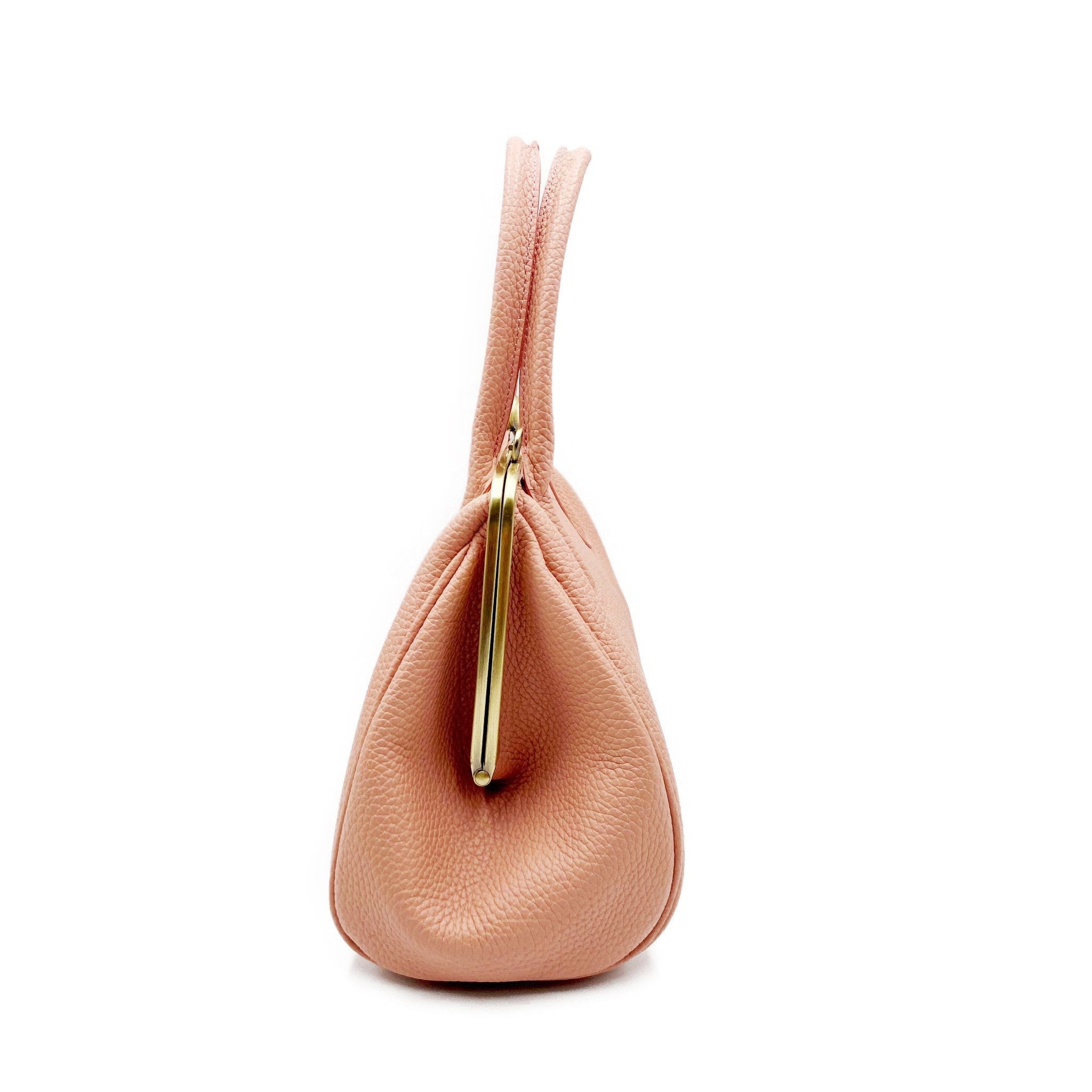 Pink Leather Handbag – Vintage Top Handle Bag & Crossbody – Retro Purse for Women – Kiss Lock Bag in Genuine Leather – Model “Marie”