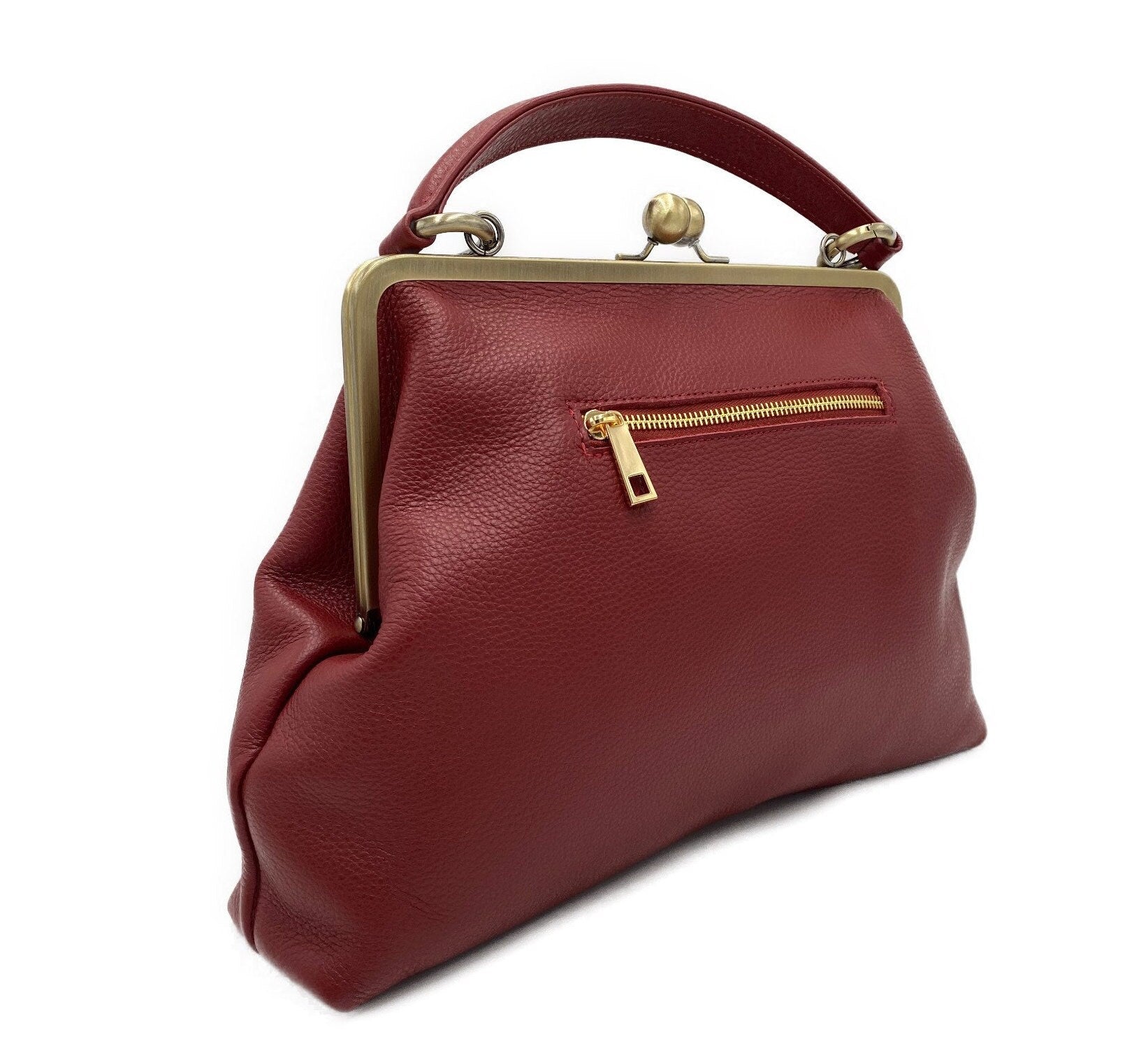 Retro Top Handle & Shoulder Bag in Leather – “Large Olive” Vintage Handbag, Elegant and Versatile Purse