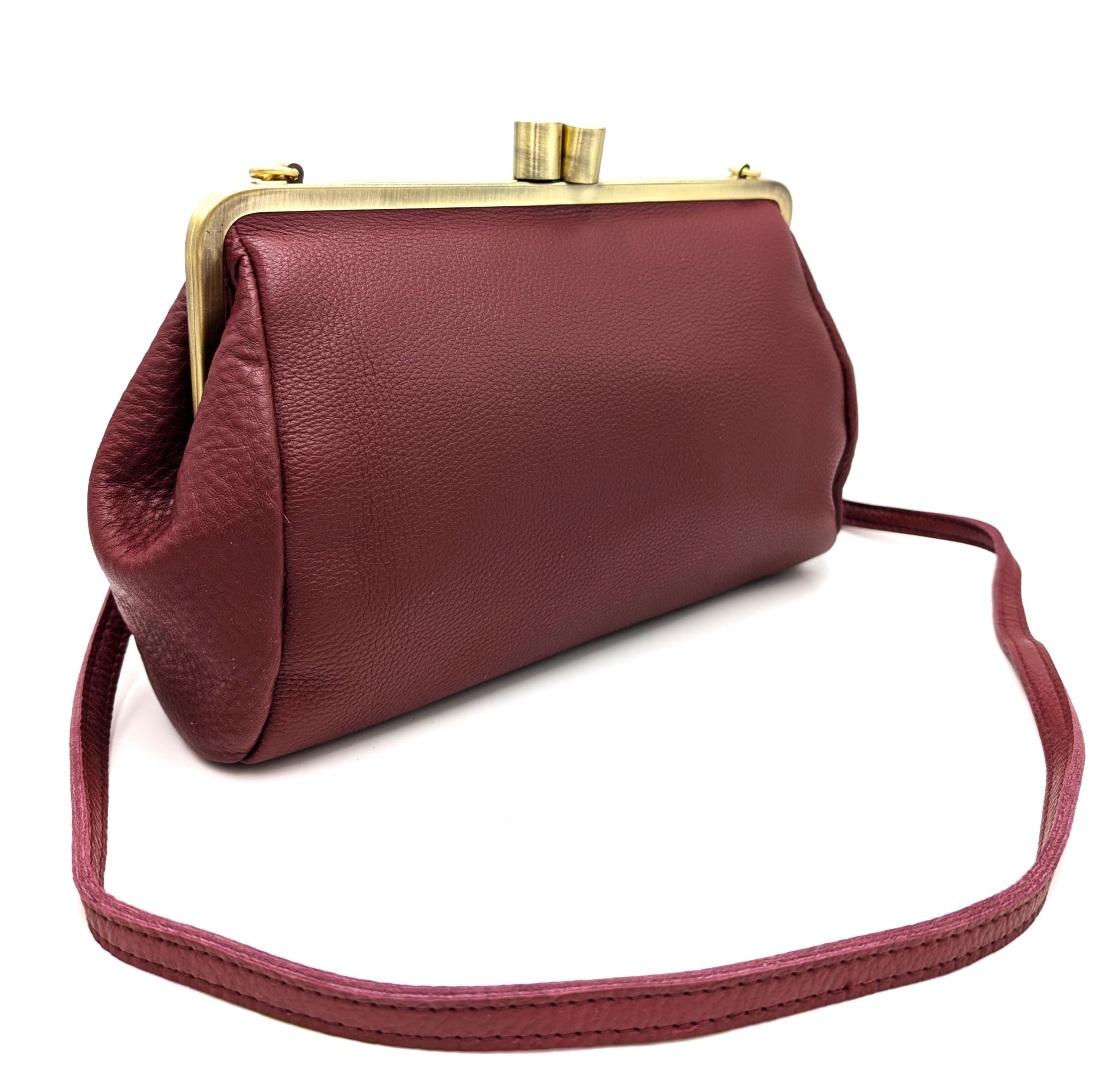 Large Clutch Leather Crossbody Purse in darkred - Handmade Kiss Lock Bag "Dakota"