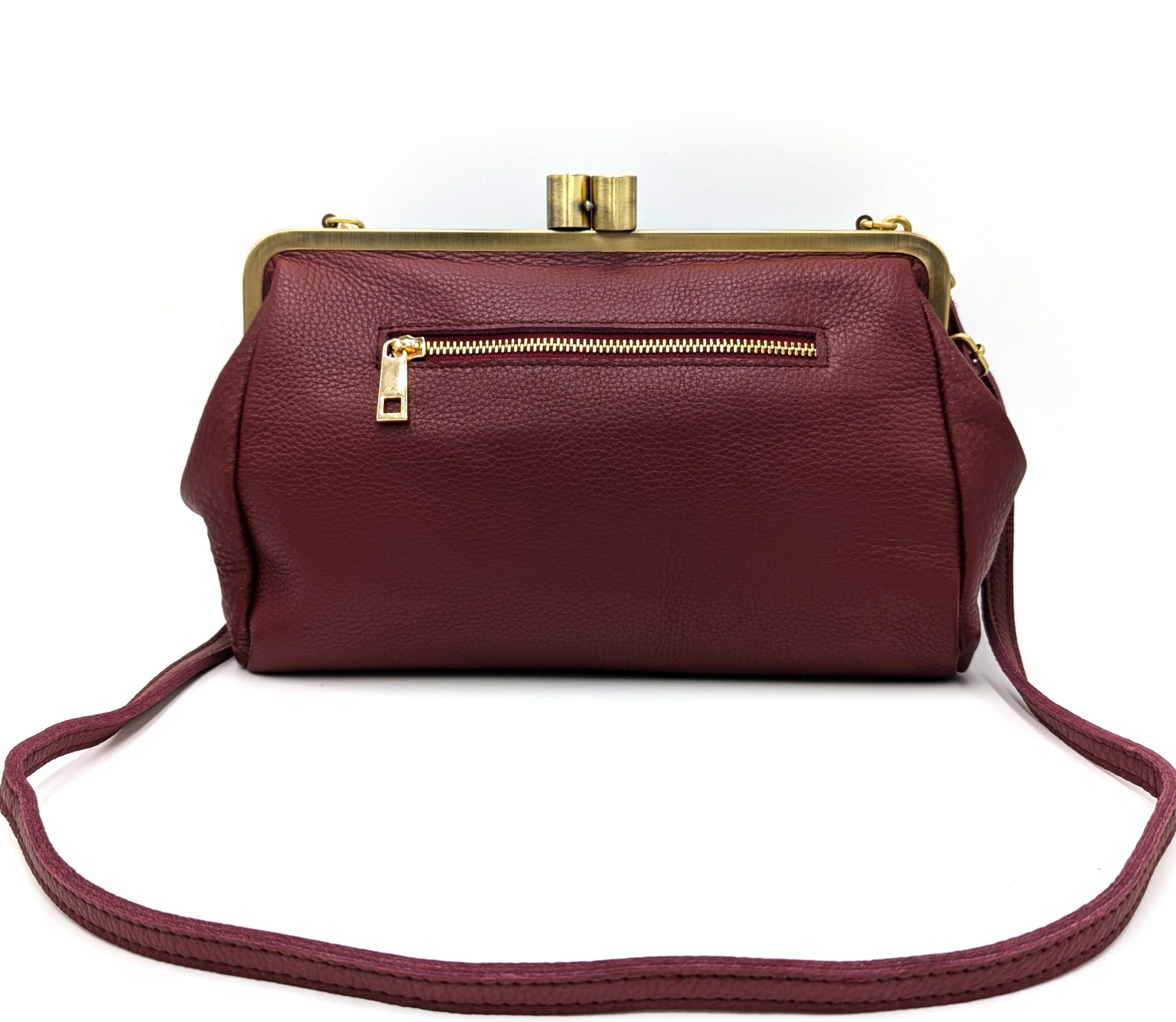Large Clutch Leather Crossbody Purse in darkred - Handmade Kiss Lock Bag "Dakota"