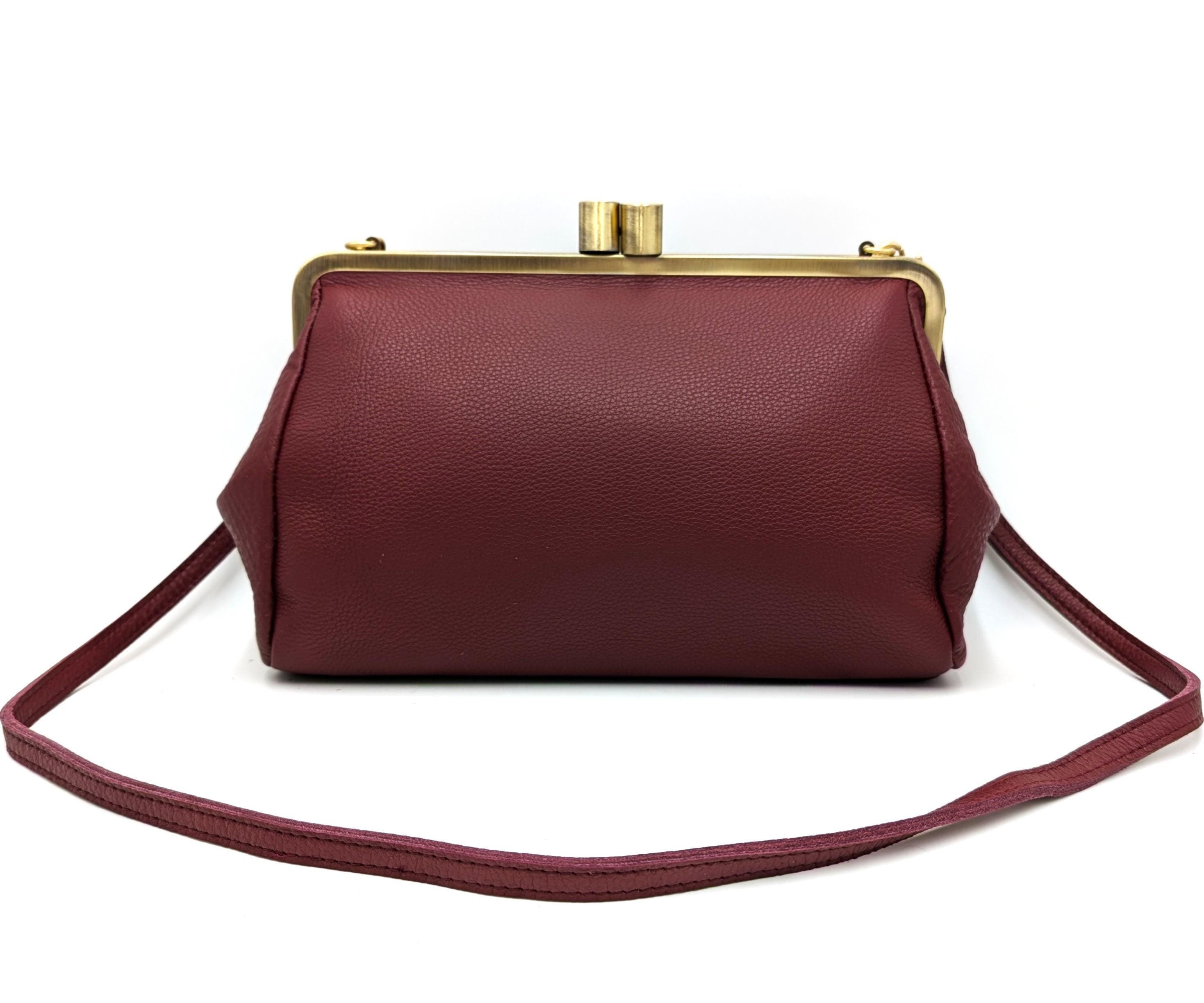 Large Clutch Leather Crossbody Purse in darkred - Handmade Kiss Lock Bag "Dakota"
