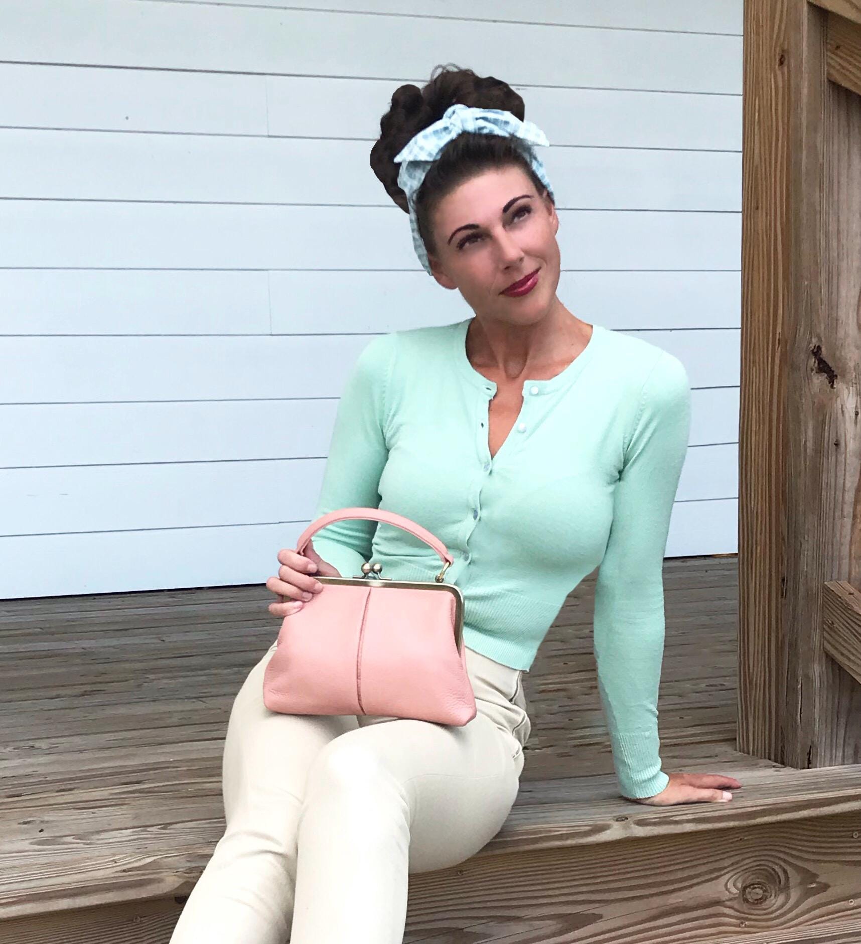 Leather Crossbody and Top Handle Bag in Retro Style "Little Olive" in Violet – Kiss Lock Purse