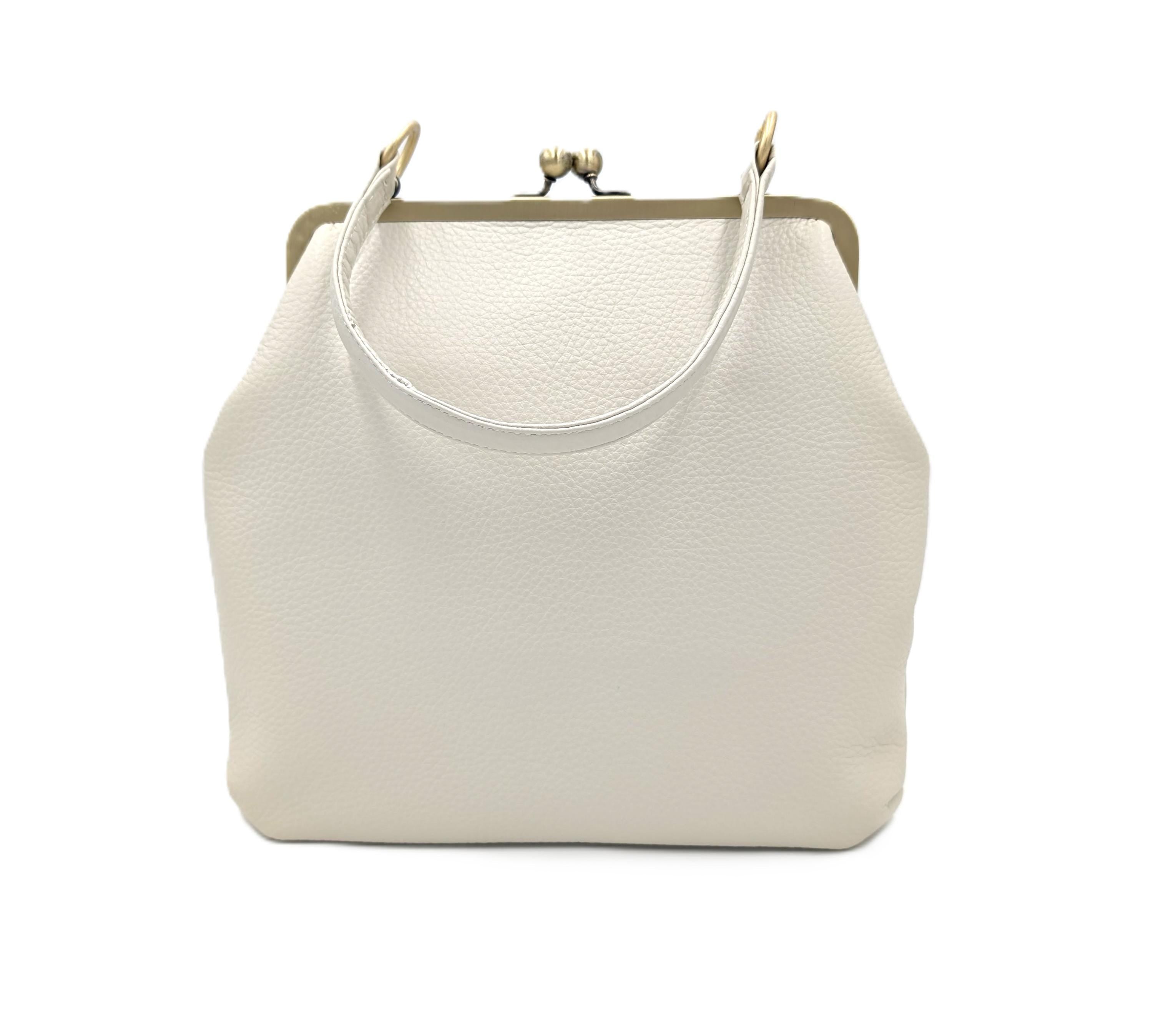 Ivory White Leather Handbag Zoe – Women’s Crossbody Bag with Handle and Kiss Lock